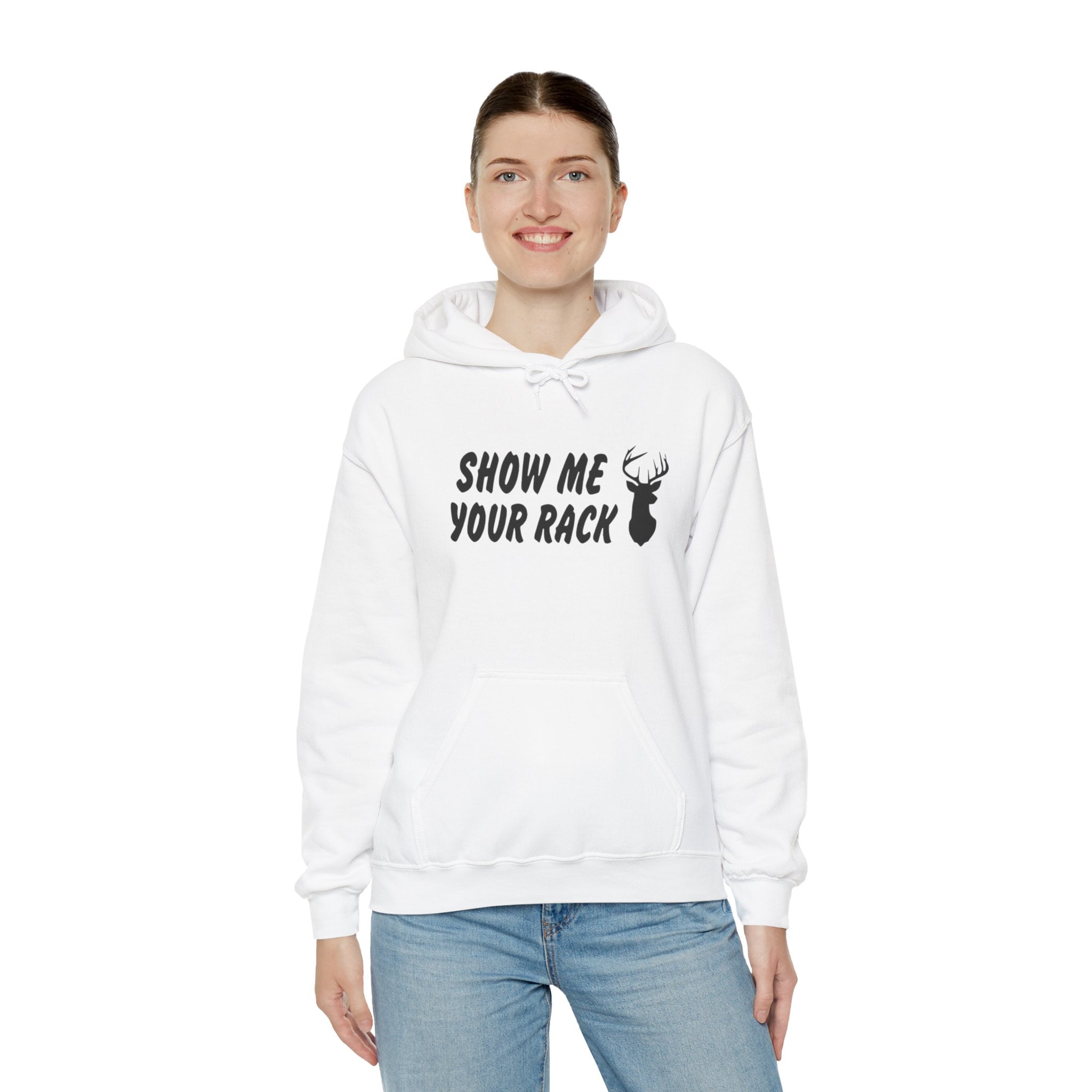 Funny Hunting Hoodie - Show Me Your Rack, Unisex Sweatshirt for Outdoors, Gift for Hunters, Casual Wear, Holiday Apparel