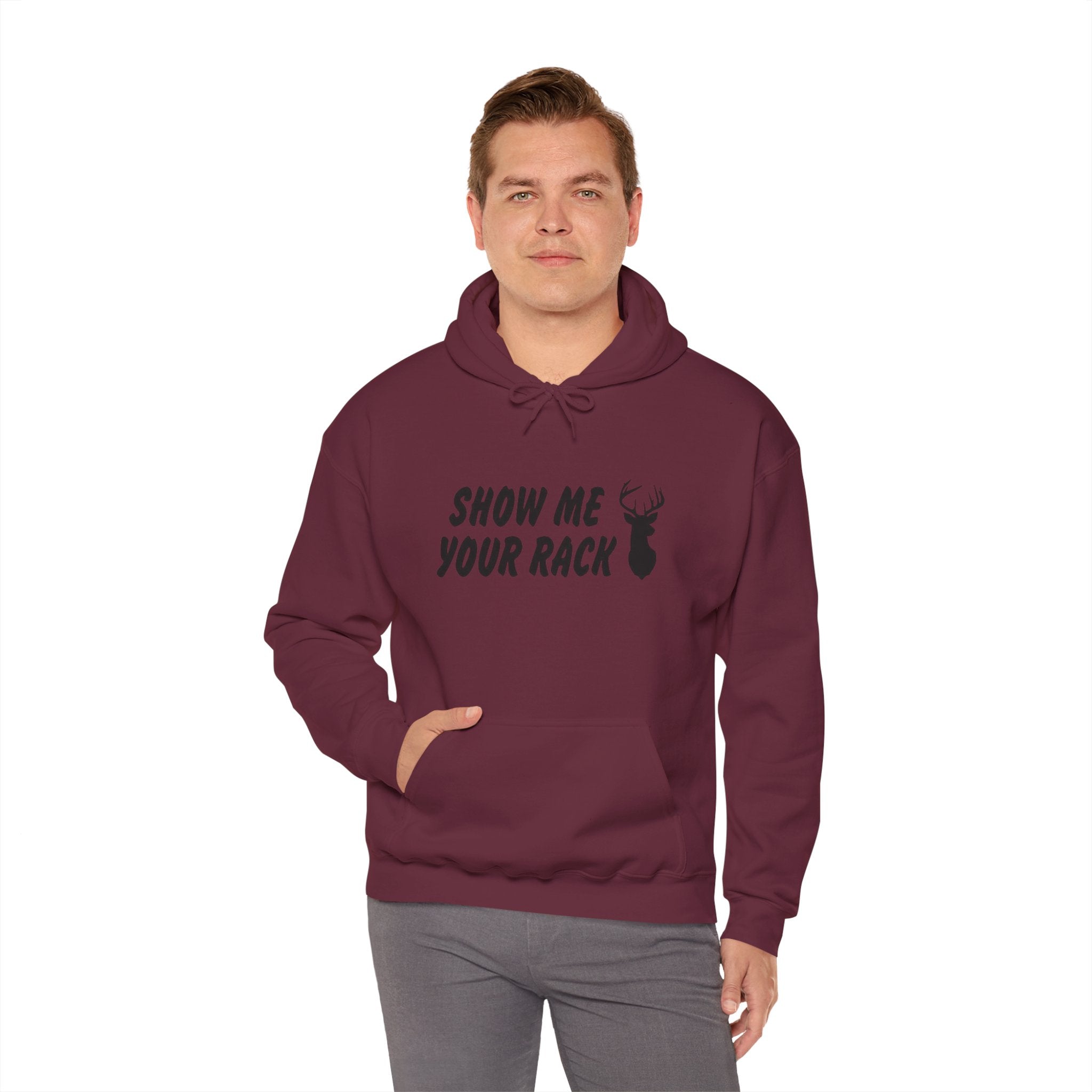 Funny Hunting Hoodie - Show Me Your Rack, Unisex Sweatshirt for Outdoors, Gift for Hunters, Casual Wear, Holiday Apparel
