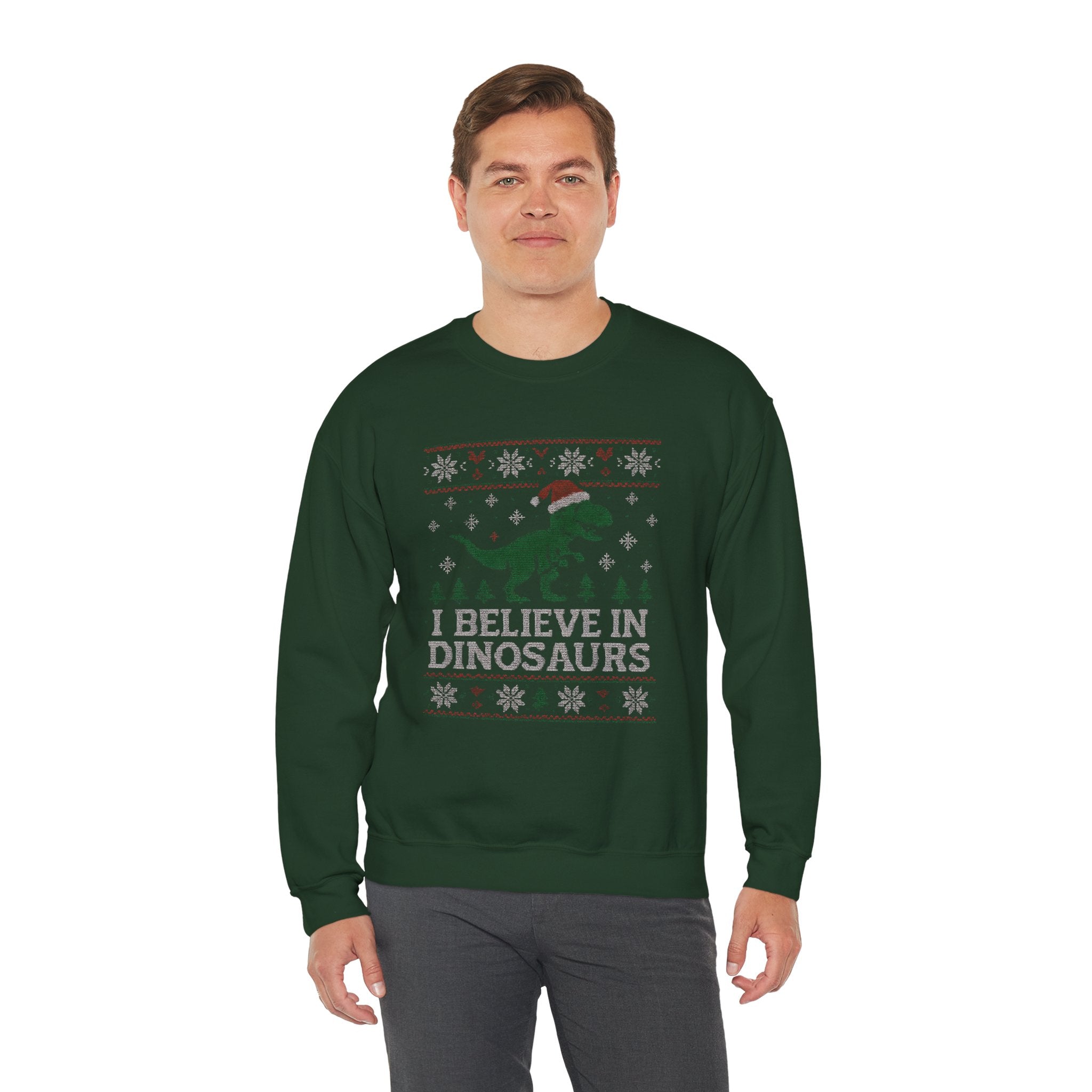 Festive Dinosaur Sweatshirt - I Believe in Dinosaurs, Unisex Crewneck, Christmas Gift, Holiday Apparel, Year-Round Fun