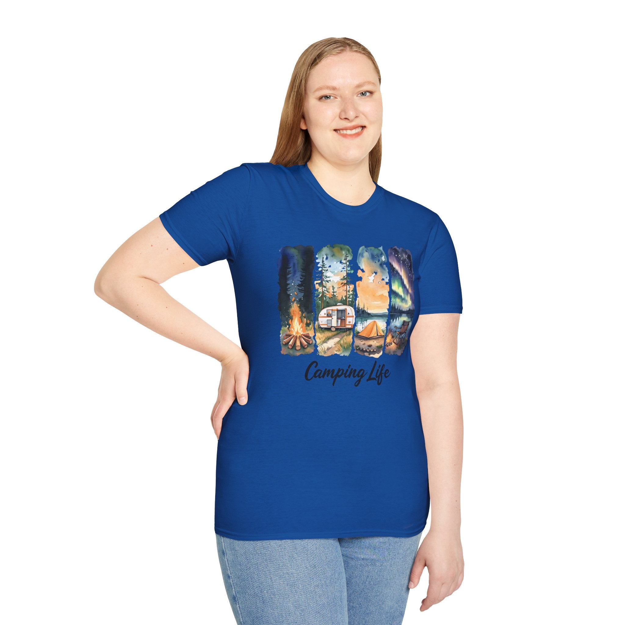 Camping Life T‑Shirt — Retro Campsite Scenes (Campfire, Trailer, Tent, Northern Lights)