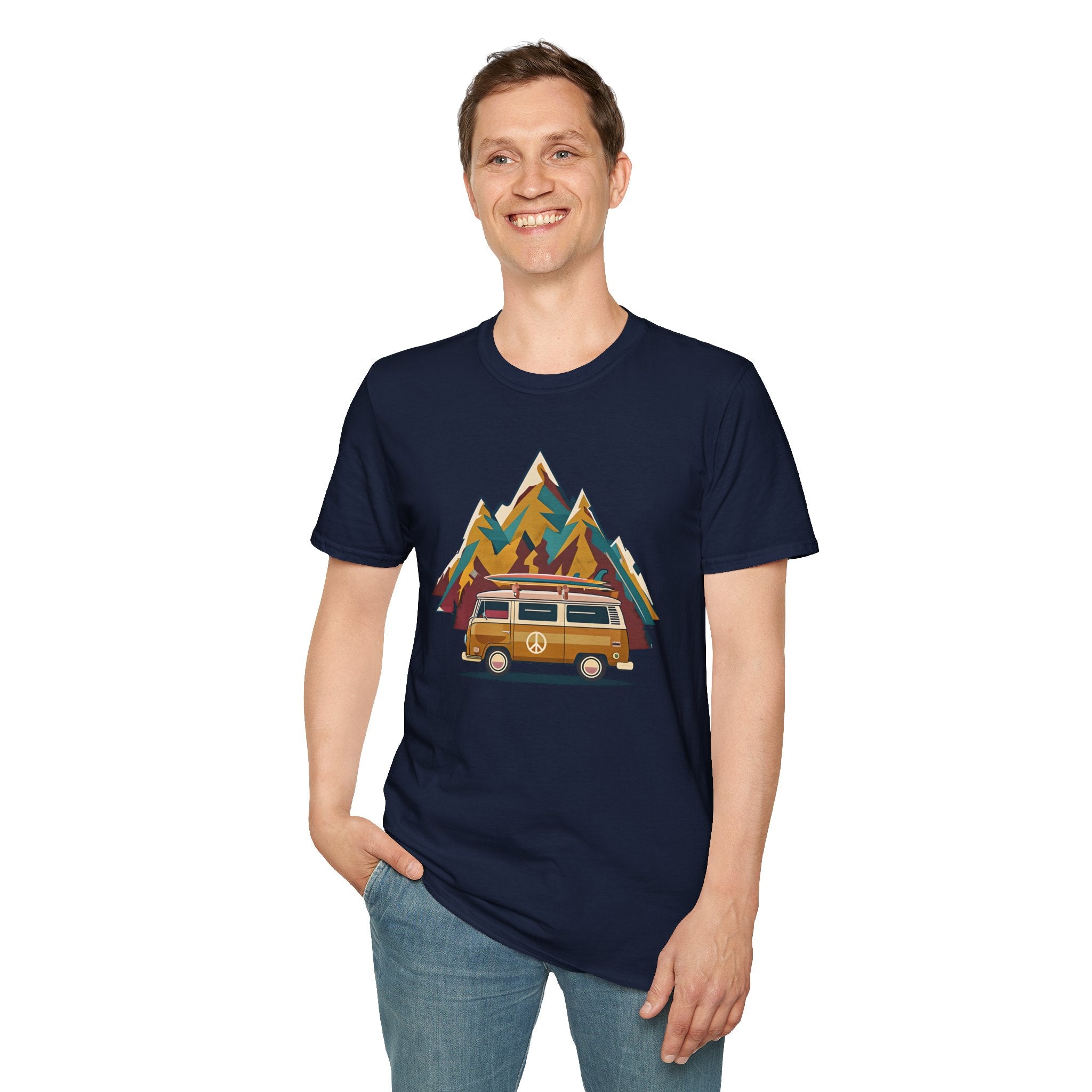 Retro Camper Van T-Shirt — Vintage Mountain Adventure Graphic Tee