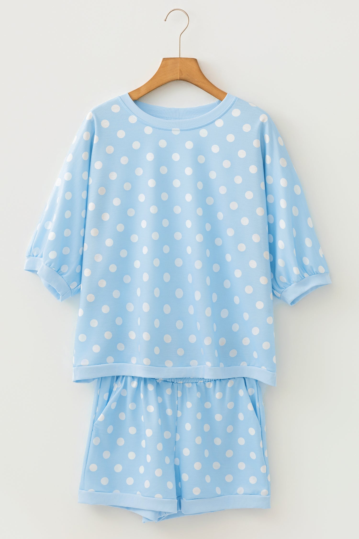 Beige Polka Dot Oversized Top Drawstring Short Set