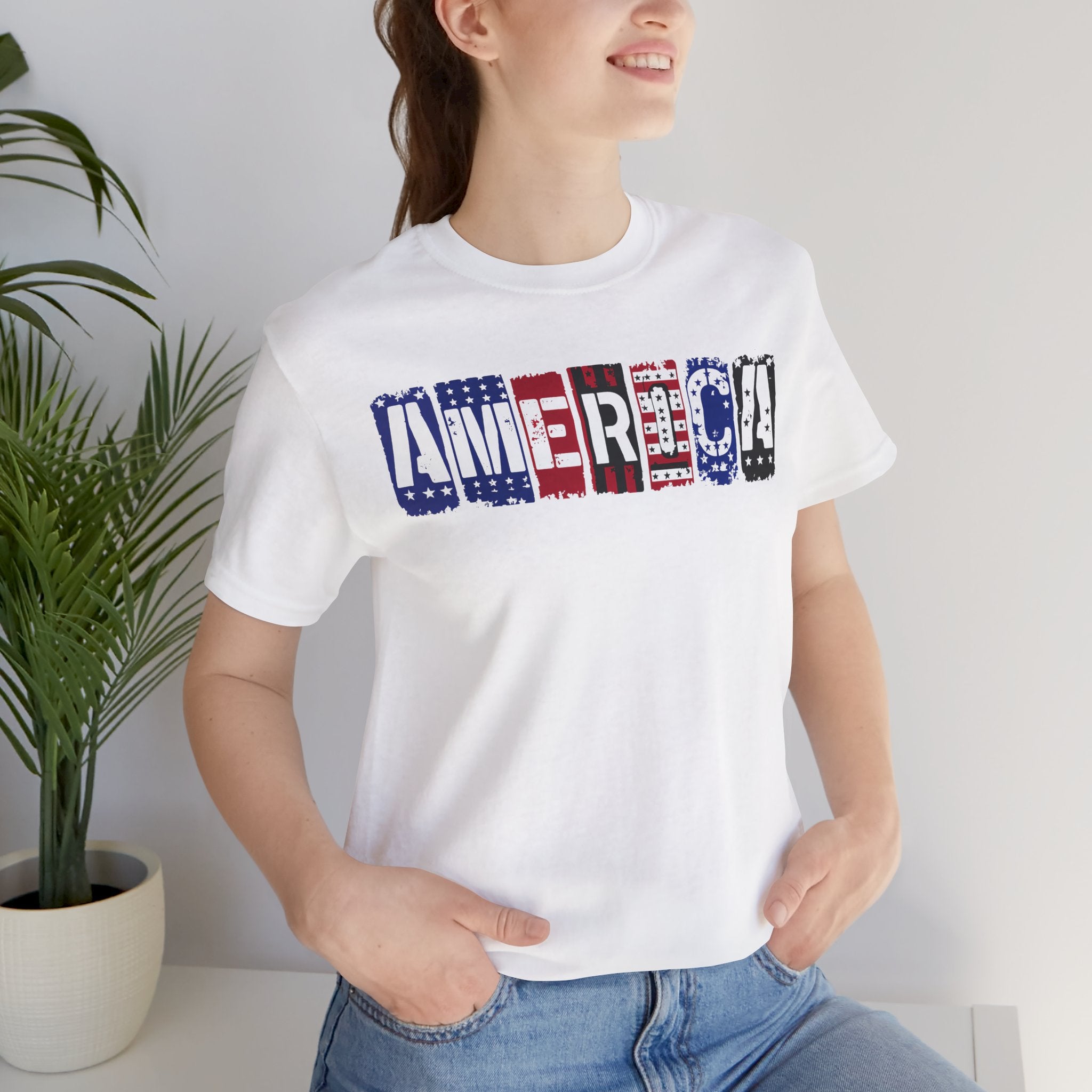 America Block Letter Tee – Patriotic USA Flag Graphic T-Shirt