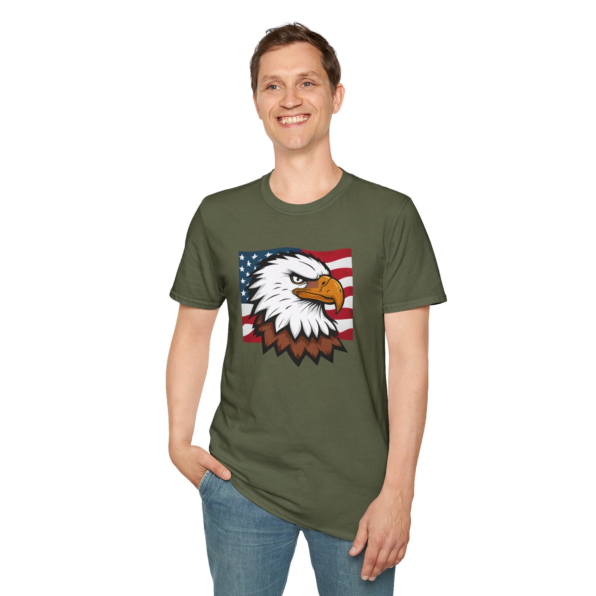 Patriotic Eagle Graphic T-Shirt, Unisex Softstyle Tee for Independence Day, Casual Wear, Gift for Veterans, American Pride Clothing
