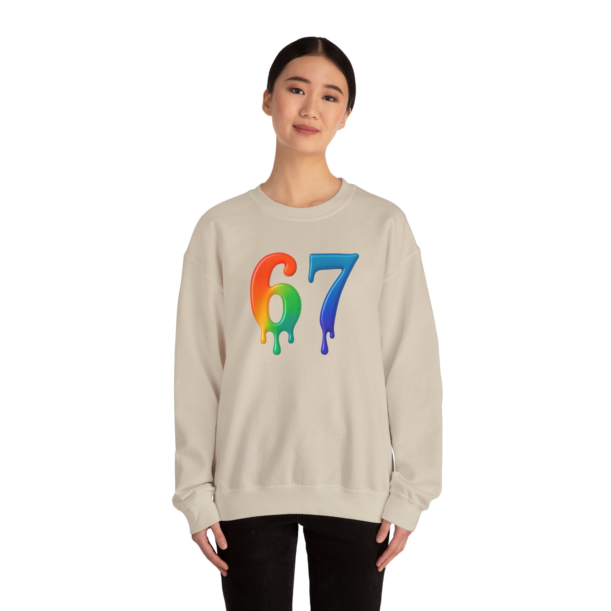 Colorful Drip 67 Sweatshirt, Cozy Unisex Crewneck, Gift for Friends, Rainbow Sweatshirt, Casual Everyday Wear, Birthday Apparel