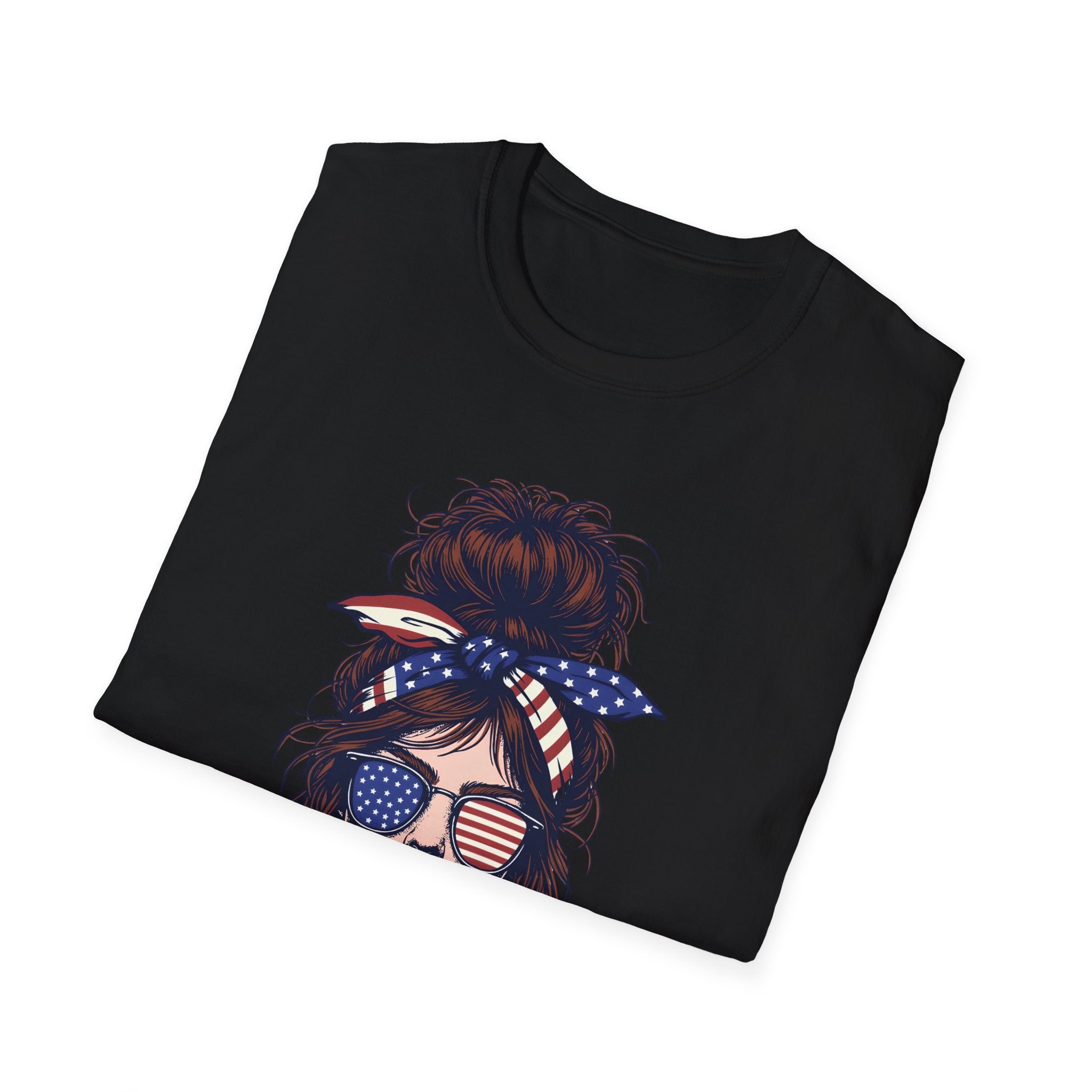 American Mom T-Shirt — Patriotic Messy Bun Sunglasses Tee