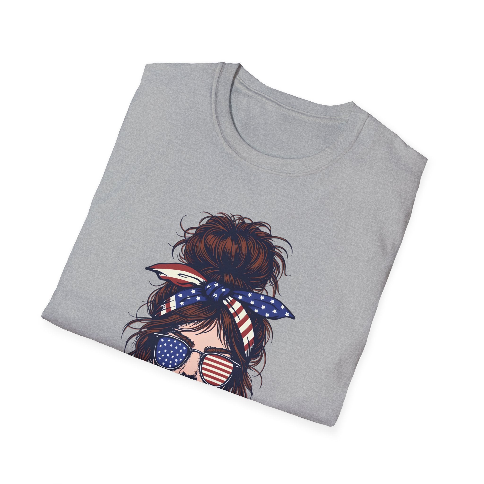 American Mom T-Shirt — Patriotic Messy Bun Sunglasses Tee