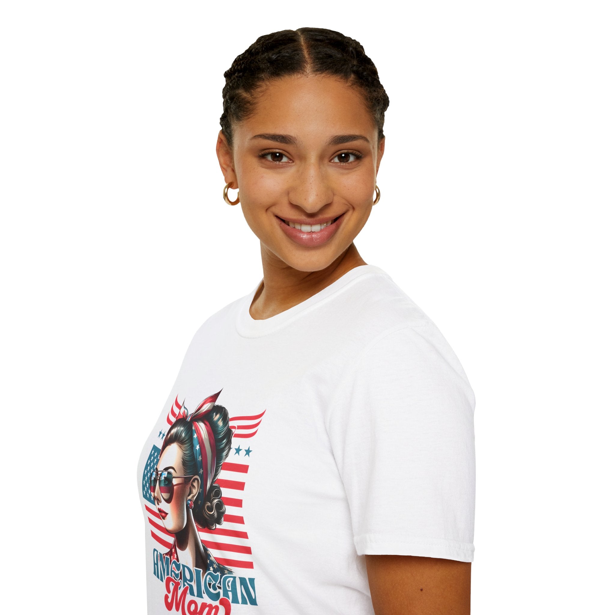 American Mom T-Shirt — Patriotic Retro Rosie Women’s Tee (Stars & Stripes)