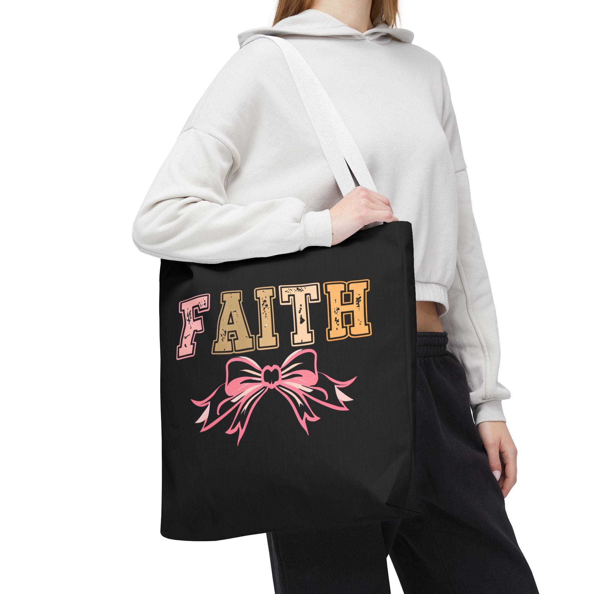 Faith Tote Bag with Bow Design, Inspirational Gift for Her, Everyday Shopping Bag, Faith-Based Gift, Religious Tote, Faith Quote Bag
