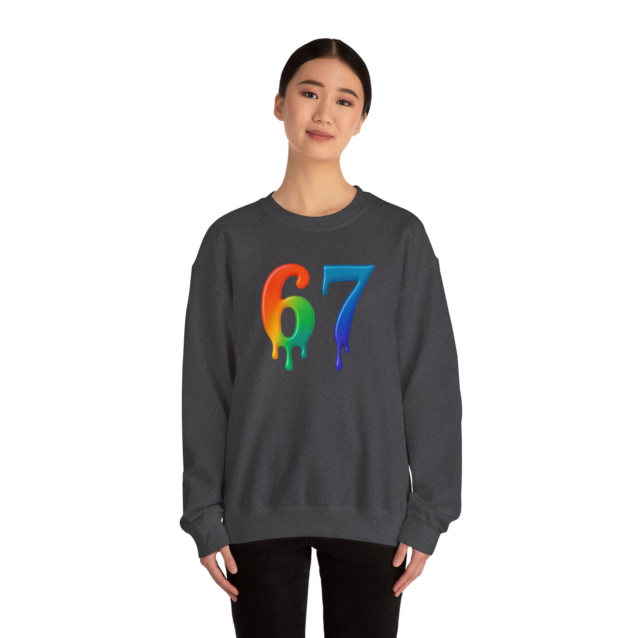 Colorful Drip 67 Sweatshirt, Cozy Unisex Crewneck, Gift for Friends, Rainbow Sweatshirt, Casual Everyday Wear, Birthday Apparel