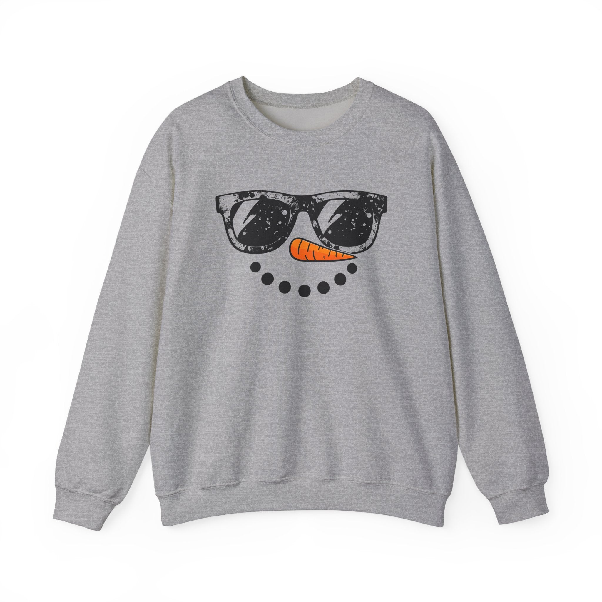 Snowman Face Crewneck Sweatshirt — Sunglasses & Carrot Nose Holiday Sweater