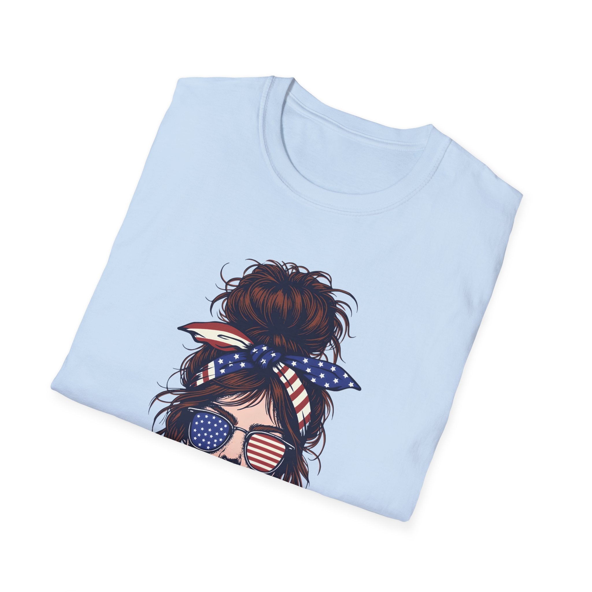 American Mom T-Shirt — Patriotic Messy Bun Sunglasses Tee