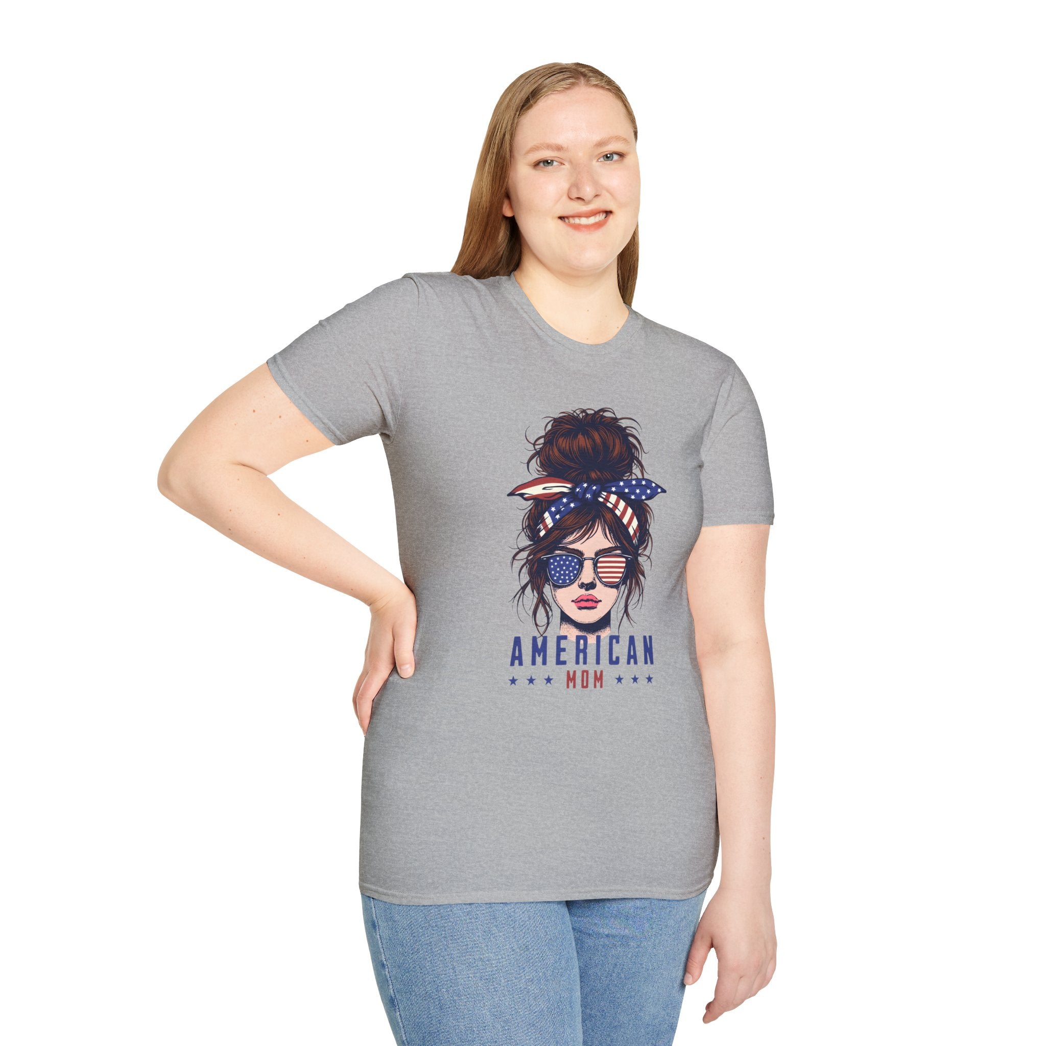 American Mom T-Shirt — Patriotic Messy Bun Sunglasses Tee