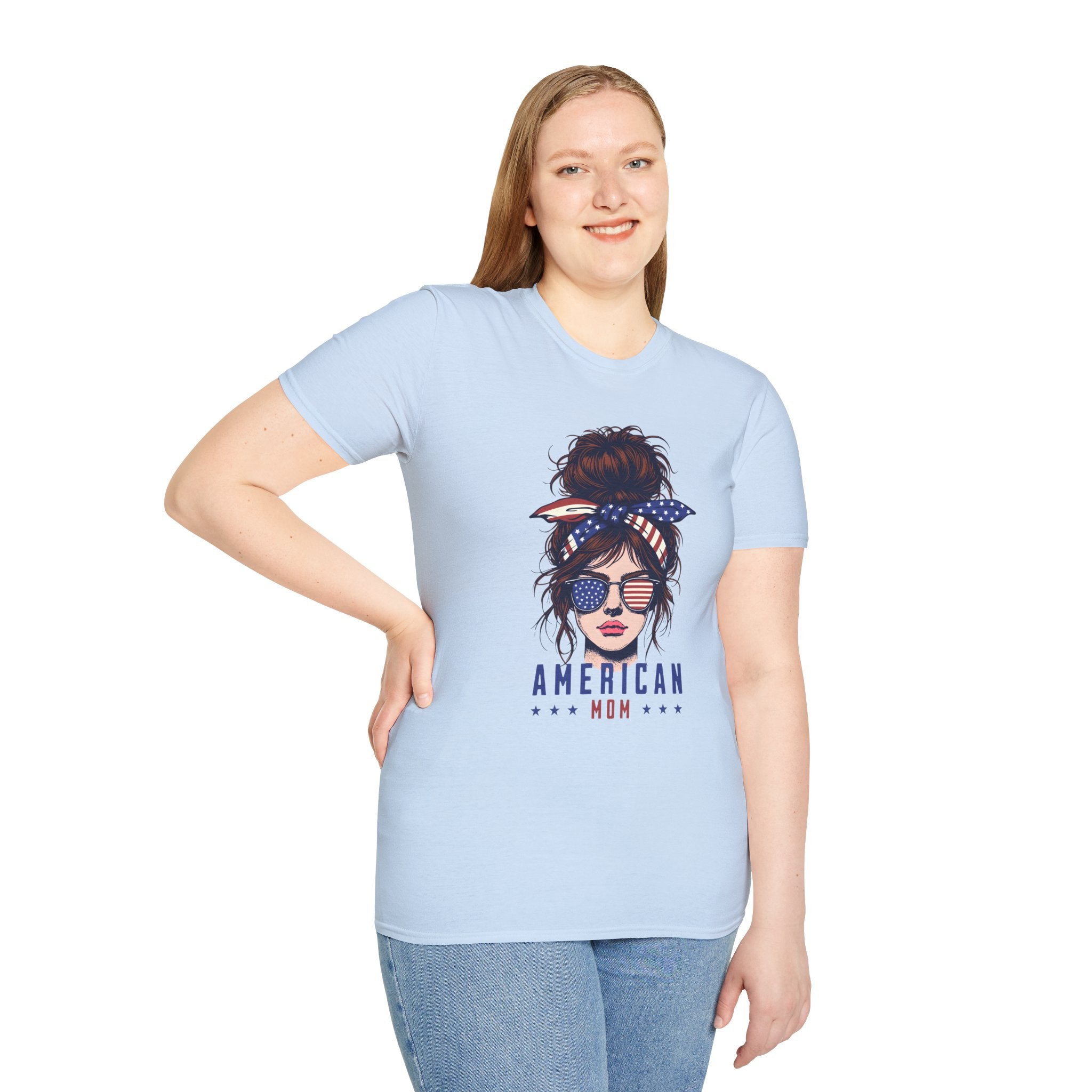 American Mom T-Shirt — Patriotic Messy Bun Sunglasses Tee