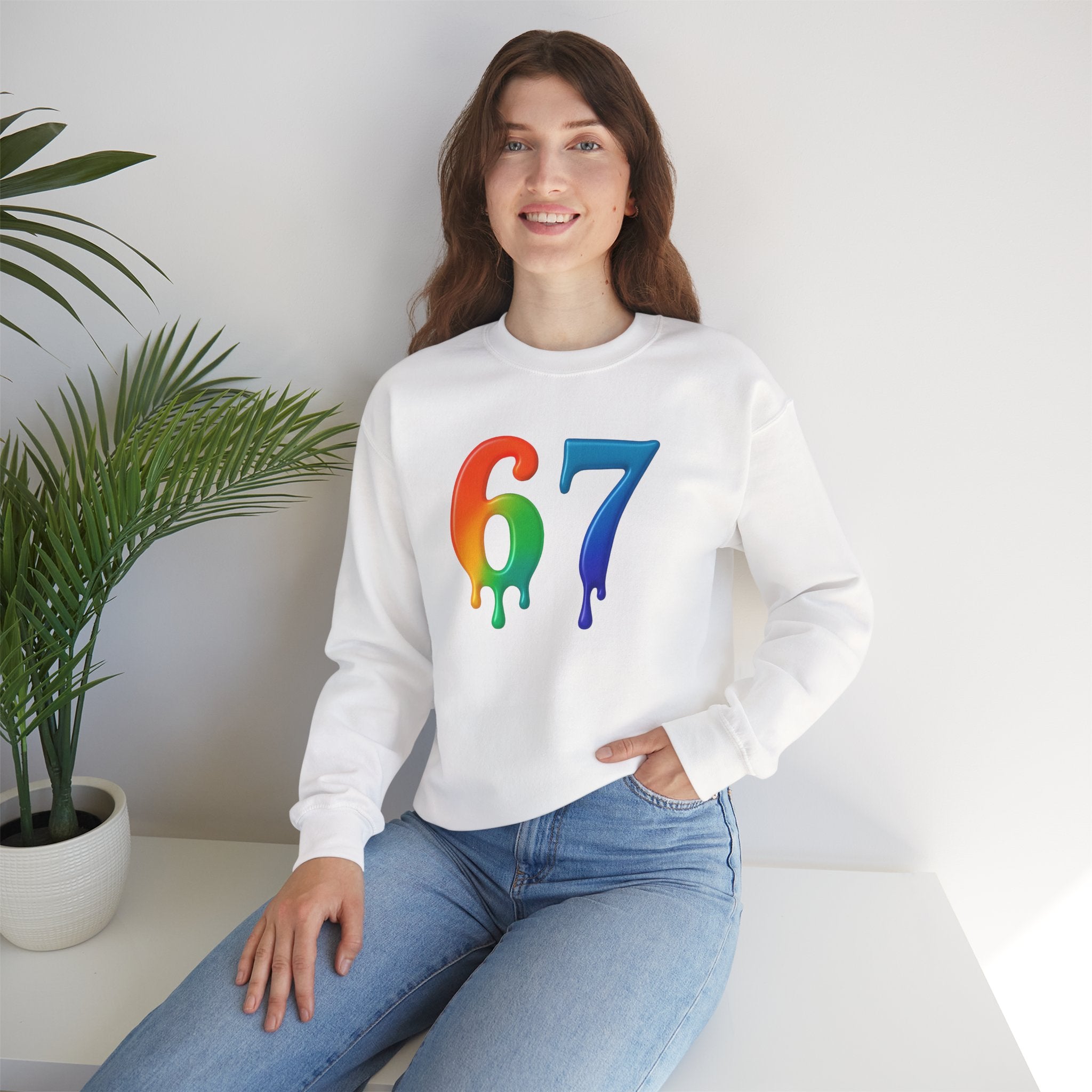 Colorful Drip 67 Sweatshirt, Cozy Unisex Crewneck, Gift for Friends, Rainbow Sweatshirt, Casual Everyday Wear, Birthday Apparel