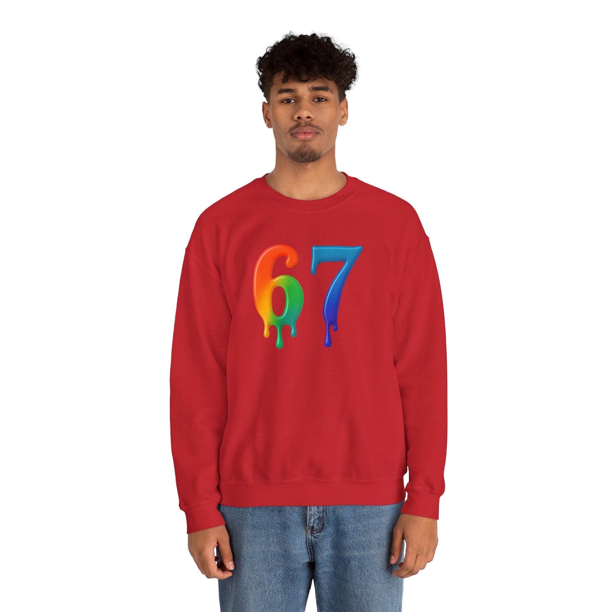 Colorful Drip 67 Sweatshirt, Cozy Unisex Crewneck, Gift for Friends, Rainbow Sweatshirt, Casual Everyday Wear, Birthday Apparel