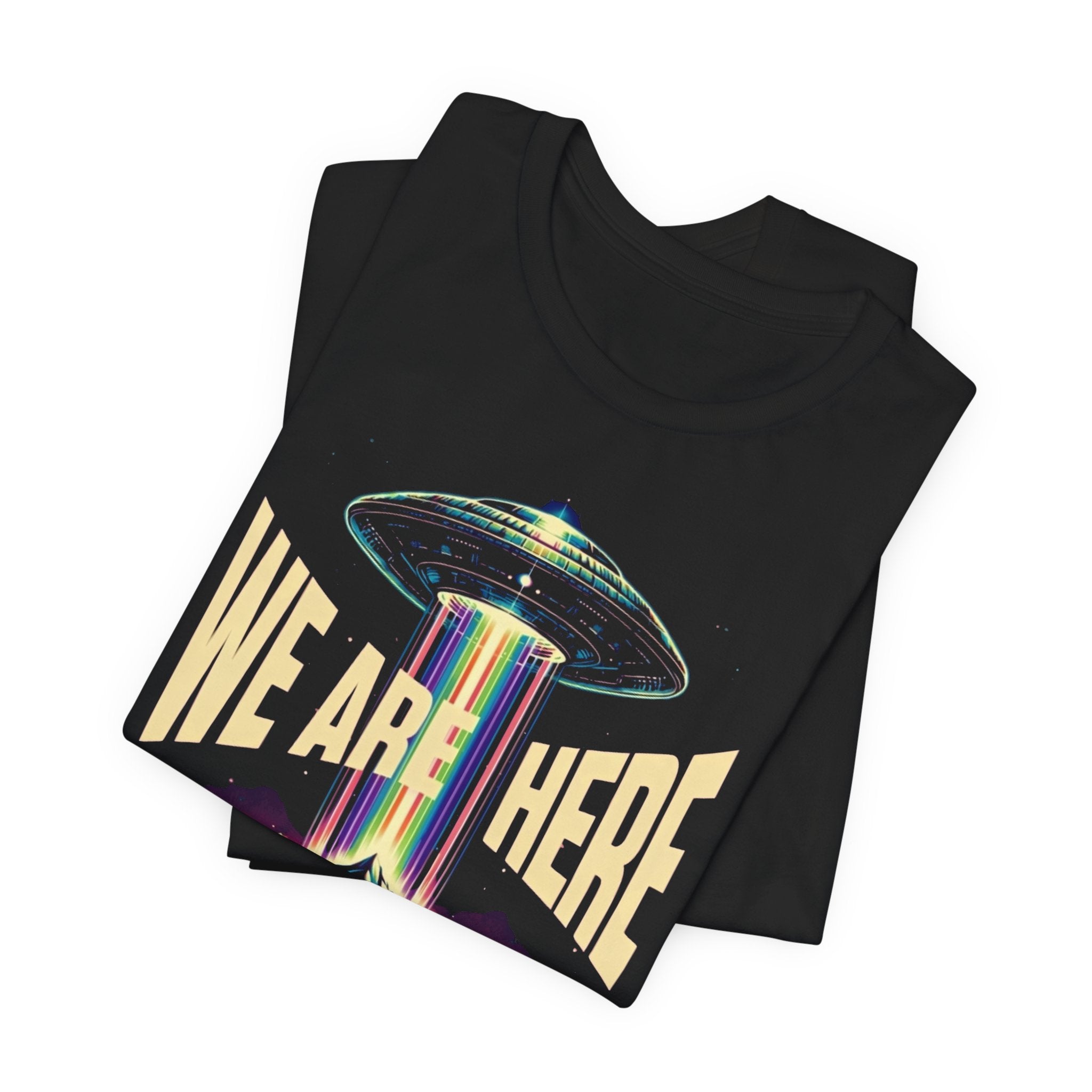 We Are Here UFO T‑Shirt — Retro Alien Abduction Graphic Tee