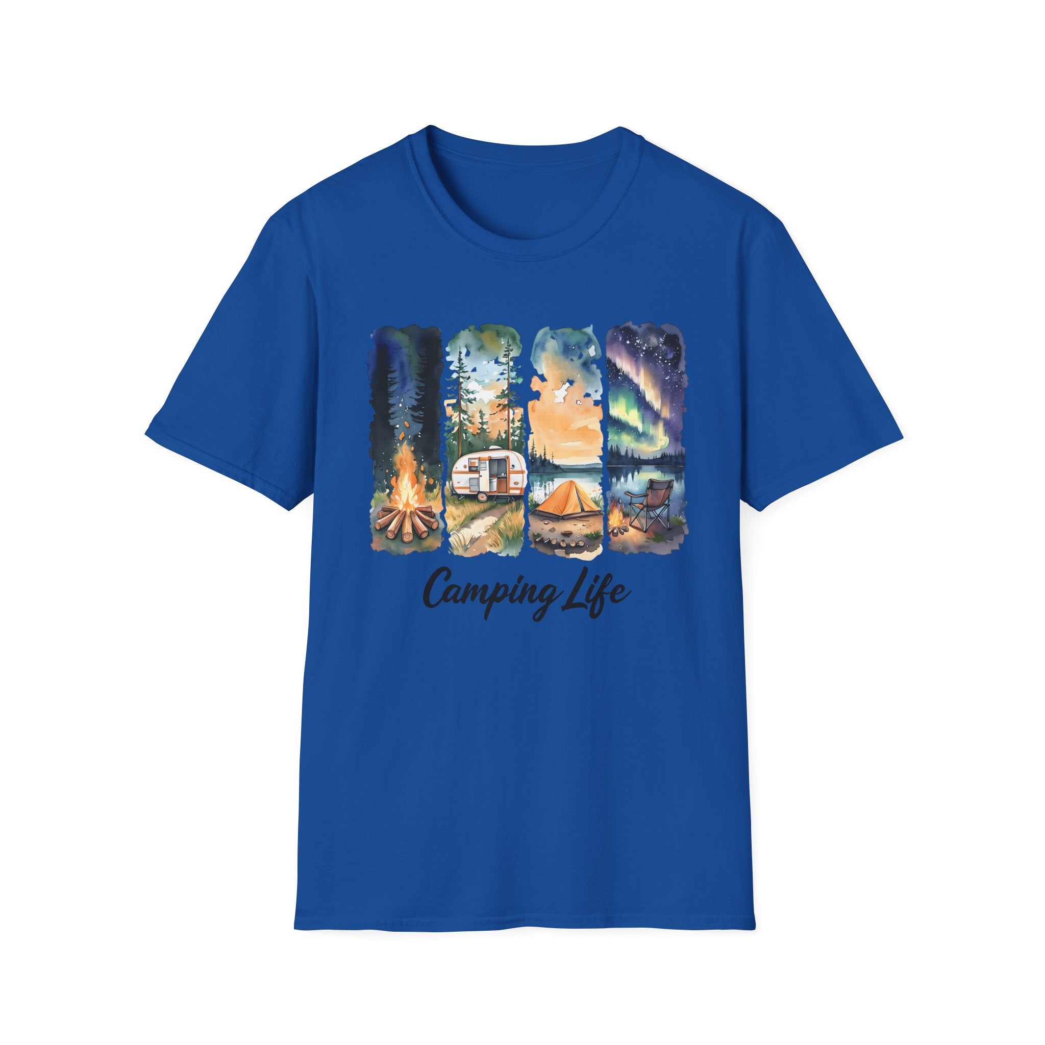 Camping Life T‑Shirt — Retro Campsite Scenes (Campfire, Trailer, Tent, Northern Lights)