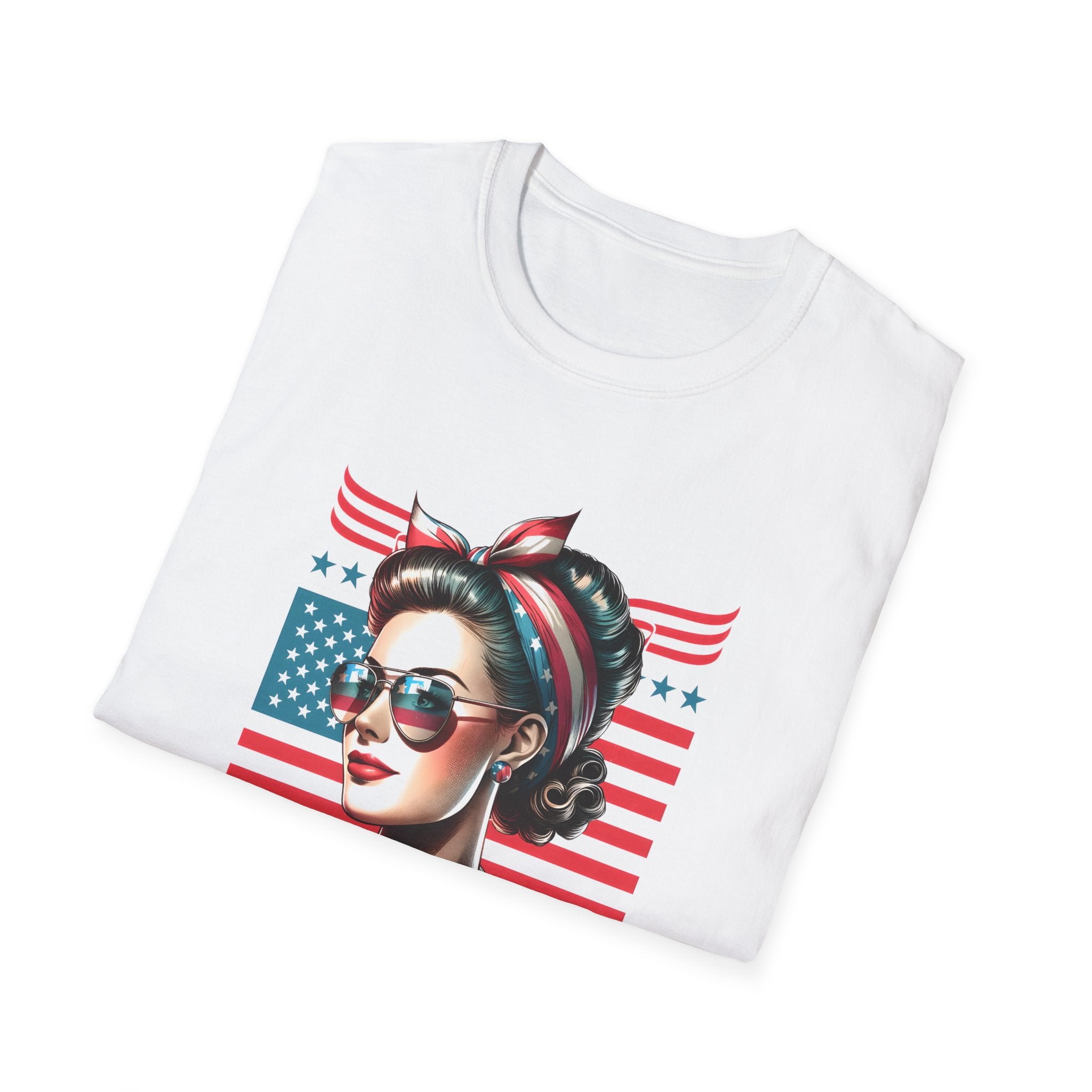 American Mom T-Shirt — Patriotic Retro Rosie Women’s Tee (Stars & Stripes)