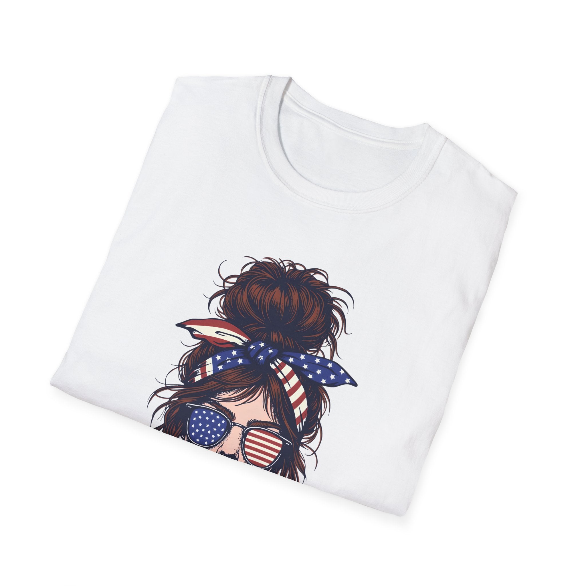 American Mom T-Shirt — Patriotic Messy Bun Sunglasses Tee