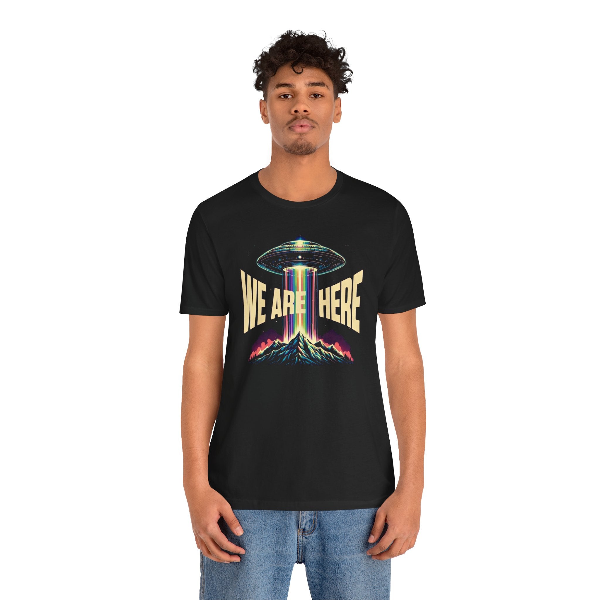 We Are Here UFO T‑Shirt — Retro Alien Abduction Graphic Tee