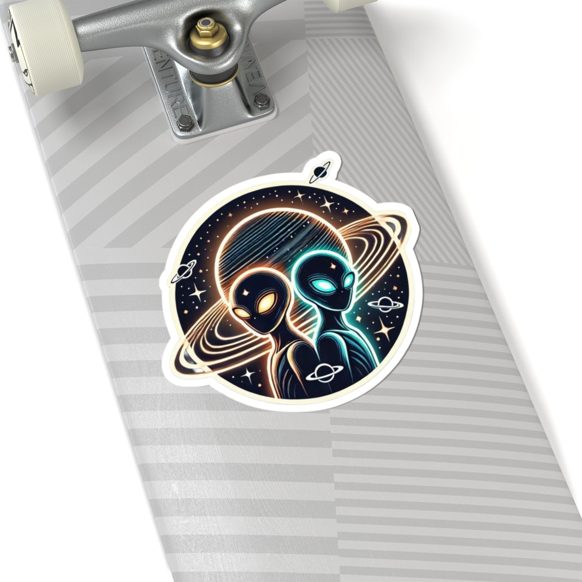 Alien Twins Planet Sticker — Neon Space Kiss-Cut Decal for Laptops & Water Bottles
