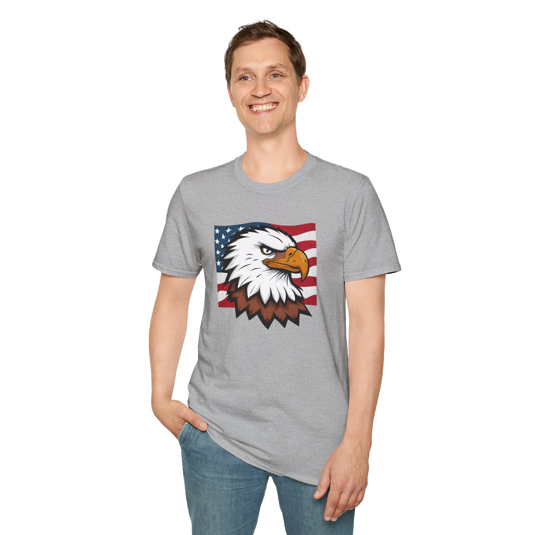Patriotic Eagle Graphic T-Shirt, Unisex Softstyle Tee for Independence Day, Casual Wear, Gift for Veterans, American Pride Clothing