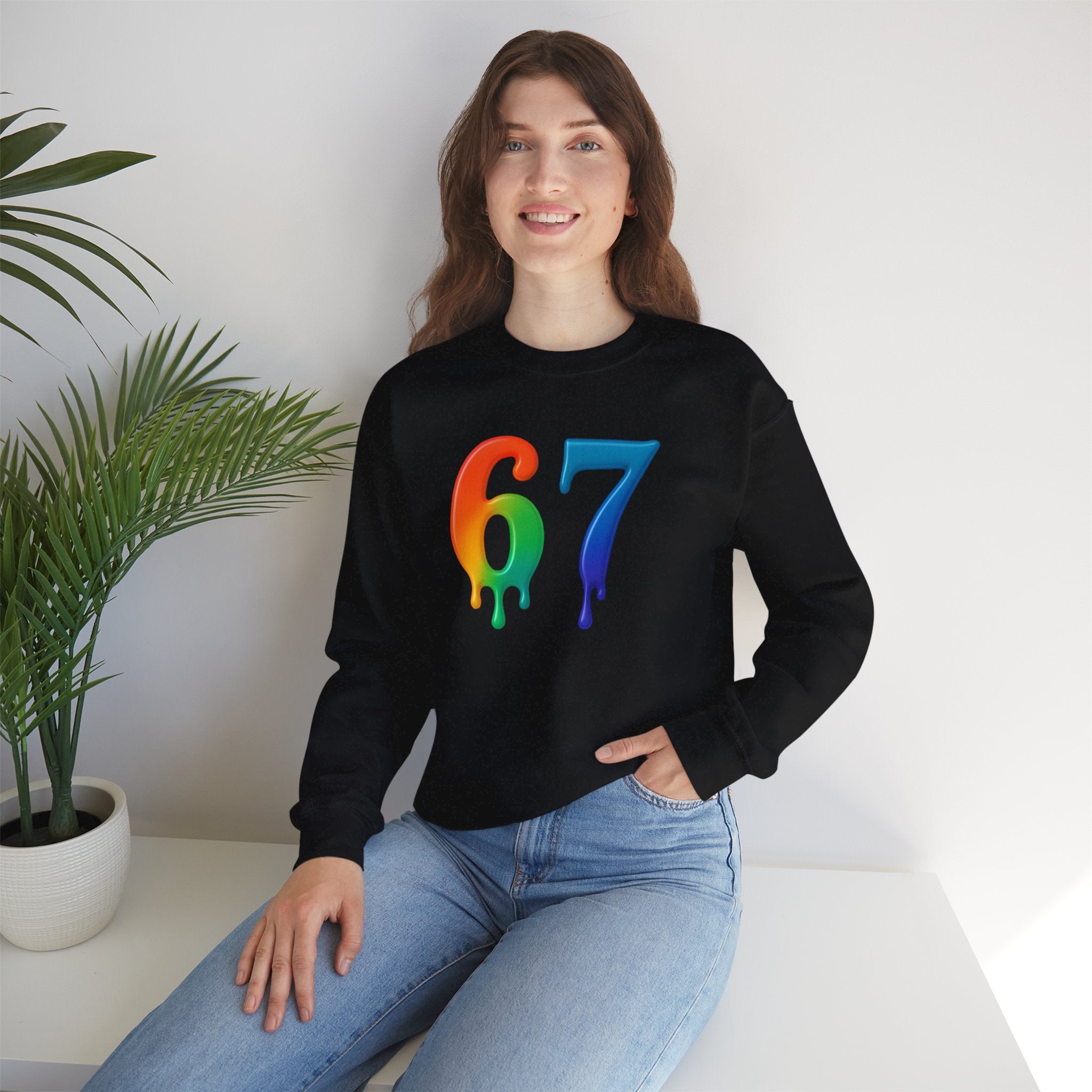 Colorful Drip 67 Sweatshirt, Cozy Unisex Crewneck, Gift for Friends, Rainbow Sweatshirt, Casual Everyday Wear, Birthday Apparel