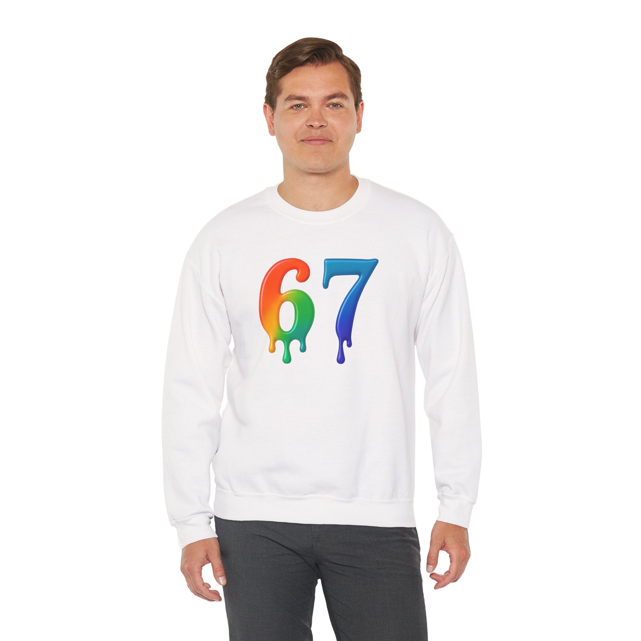 Colorful Drip 67 Sweatshirt, Cozy Unisex Crewneck, Gift for Friends, Rainbow Sweatshirt, Casual Everyday Wear, Birthday Apparel