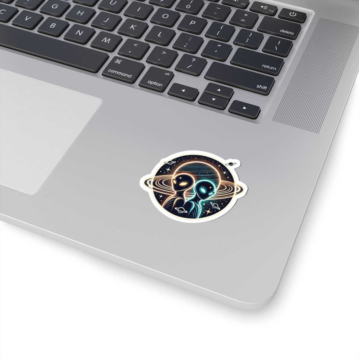 Alien Twins Planet Sticker — Neon Space Kiss-Cut Decal for Laptops & Water Bottles