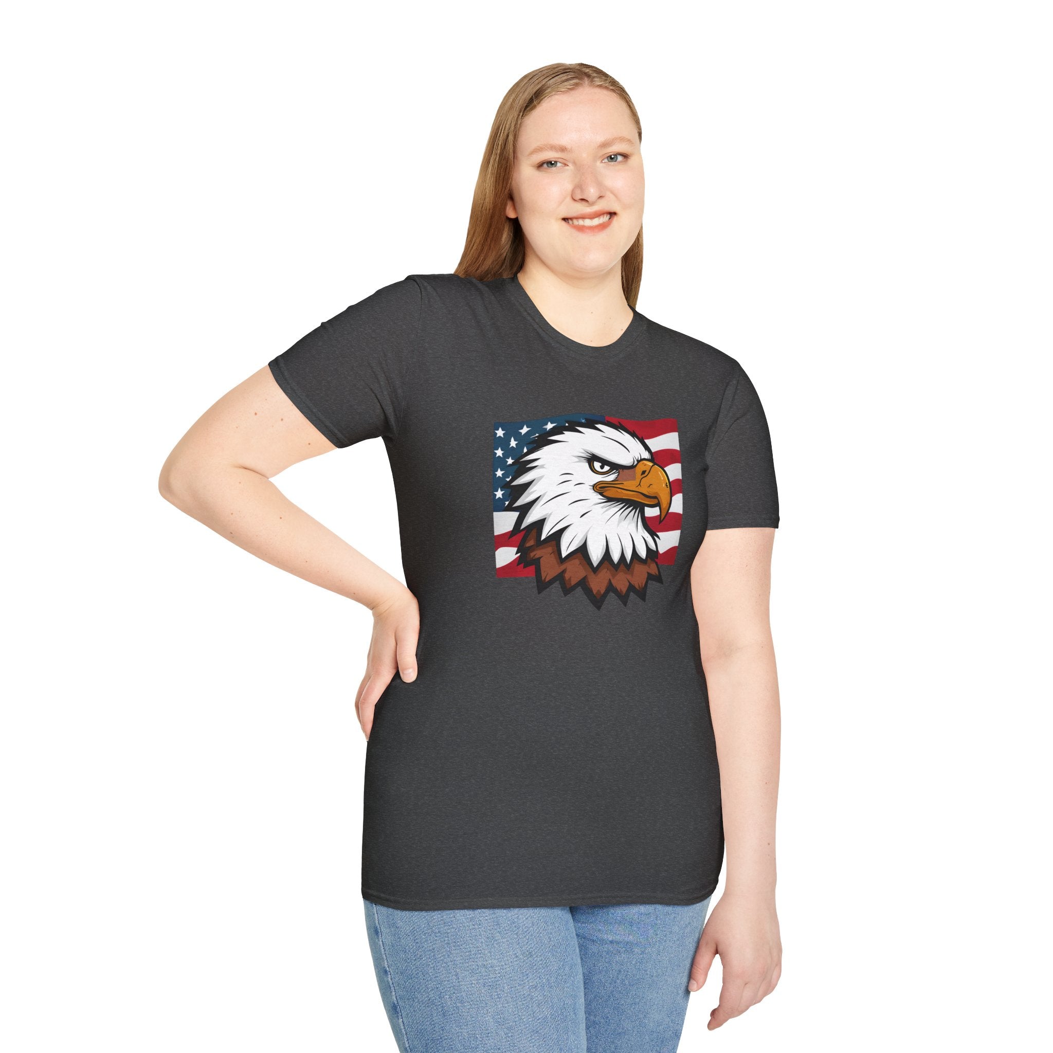 Patriotic Eagle Graphic T-Shirt, Unisex Softstyle Tee for Independence Day, Casual Wear, Gift for Veterans, American Pride Clothing