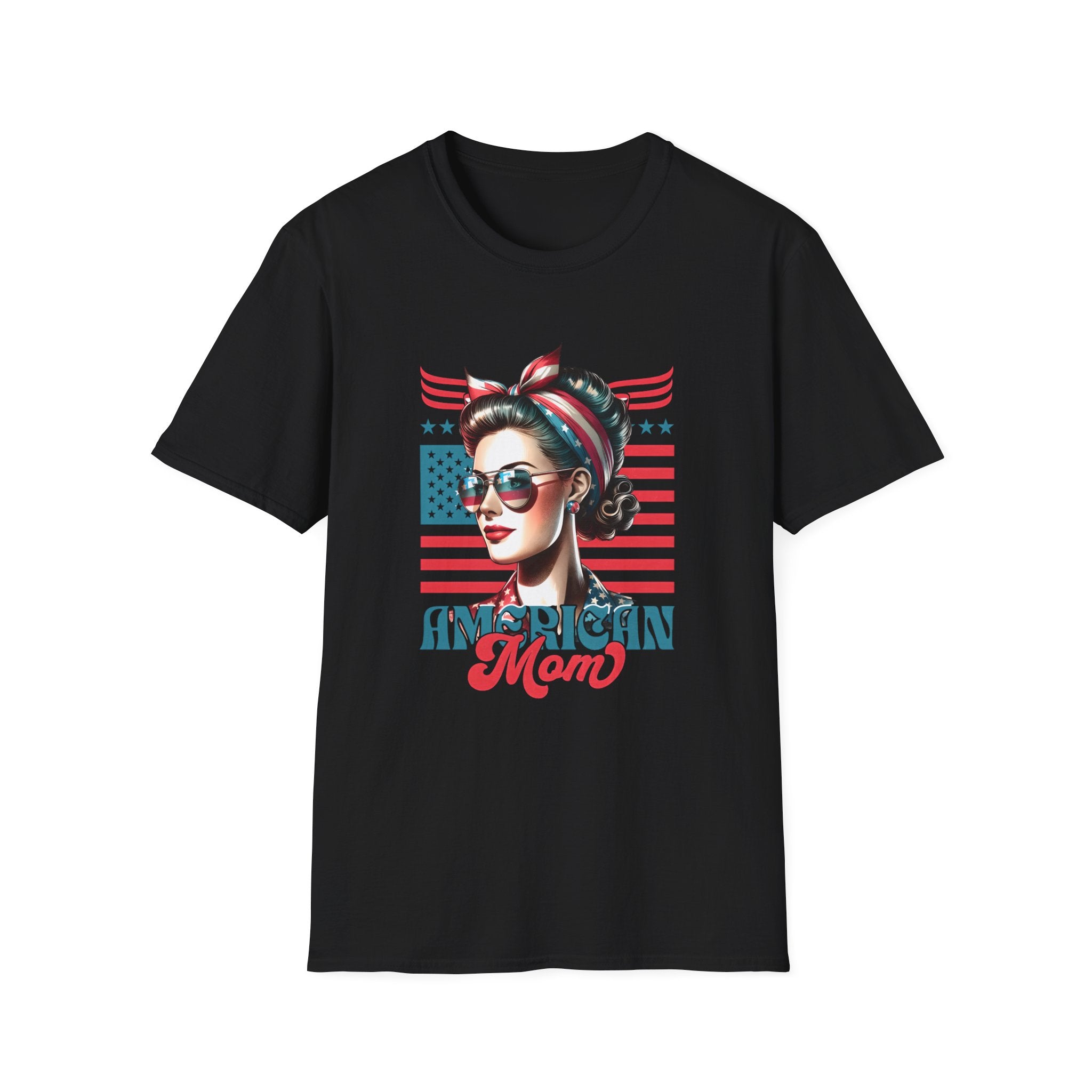 American Mom T-Shirt — Patriotic Retro Rosie Women’s Tee (Stars & Stripes)