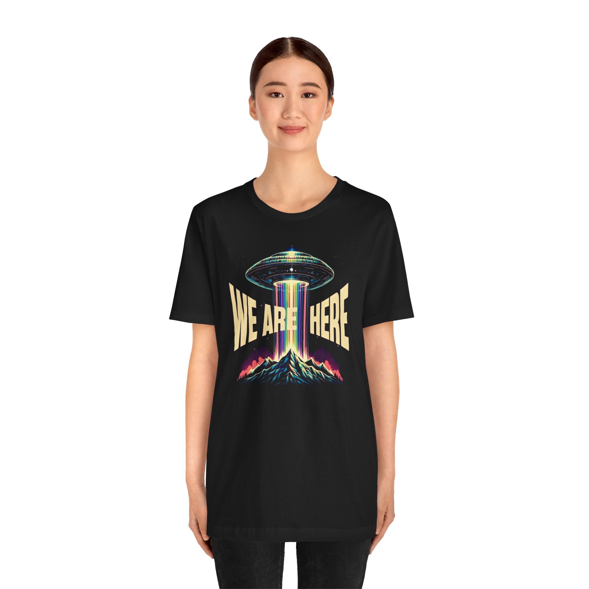 We Are Here UFO T‑Shirt — Retro Alien Abduction Graphic Tee