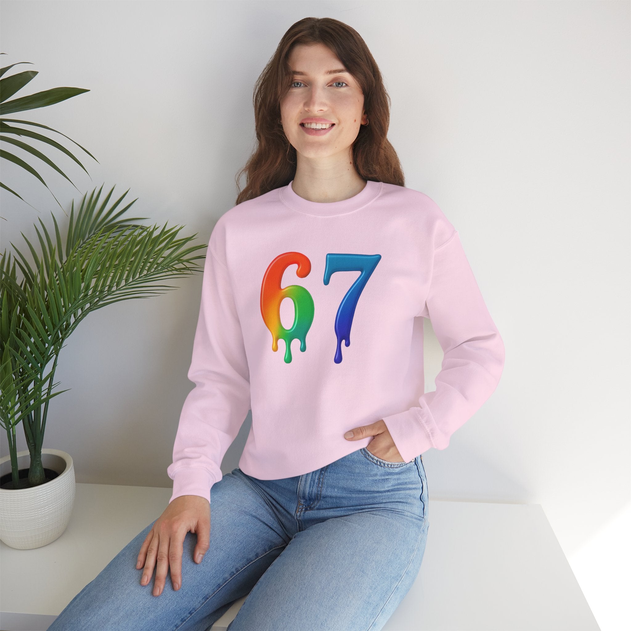 Colorful Drip 67 Sweatshirt, Cozy Unisex Crewneck, Gift for Friends, Rainbow Sweatshirt, Casual Everyday Wear, Birthday Apparel