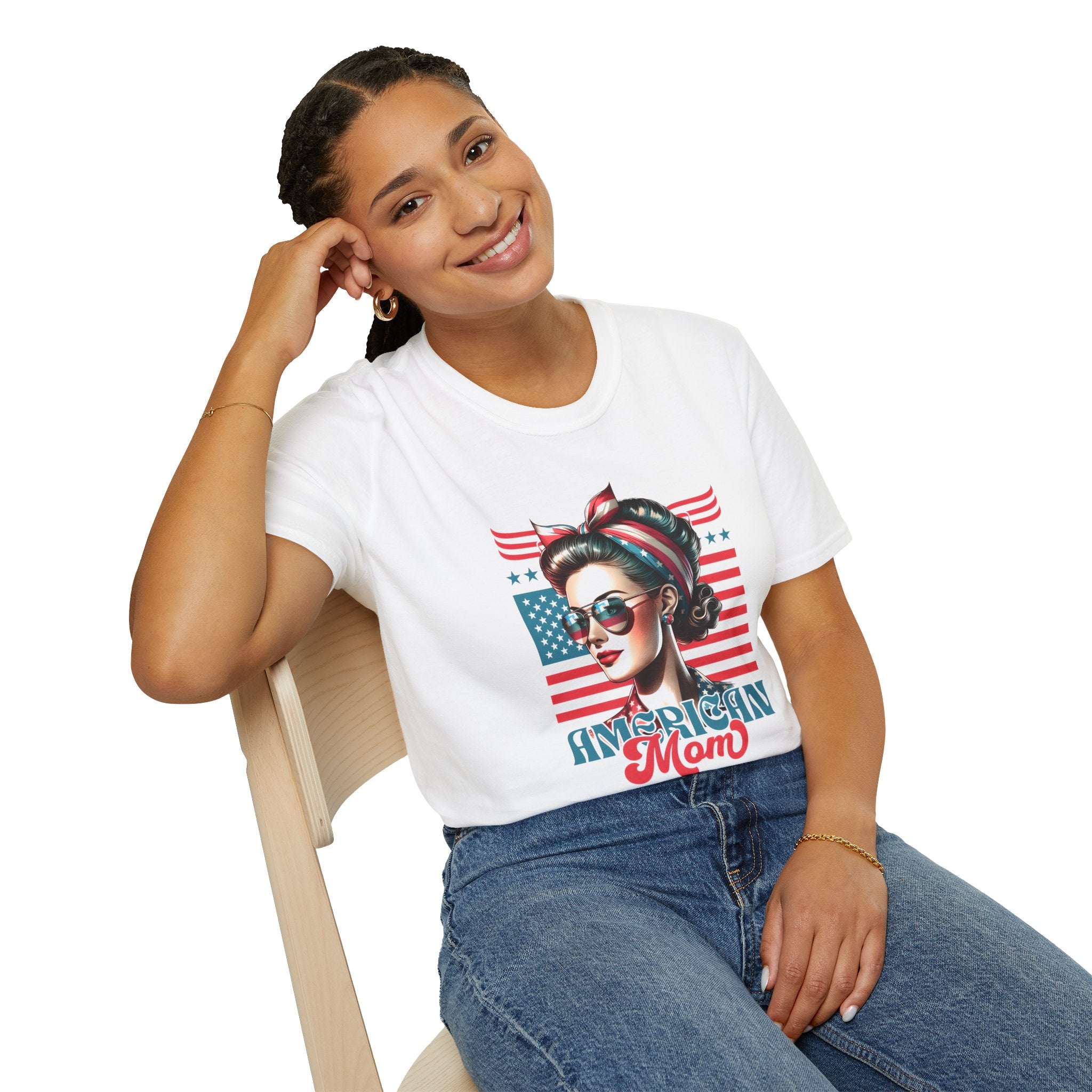 American Mom T-Shirt — Patriotic Retro Rosie Women’s Tee (Stars & Stripes)