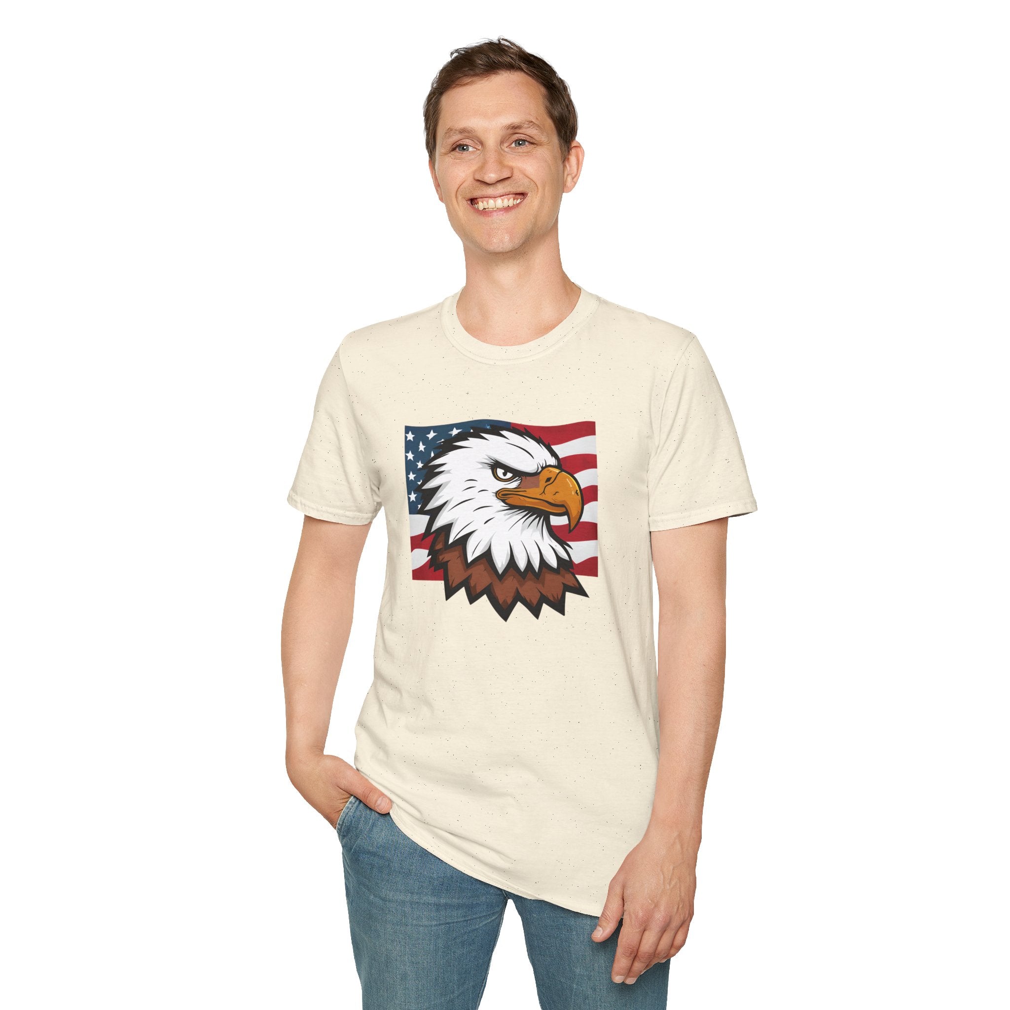 Patriotic Eagle Graphic T-Shirt, Unisex Softstyle Tee for Independence Day, Casual Wear, Gift for Veterans, American Pride Clothing