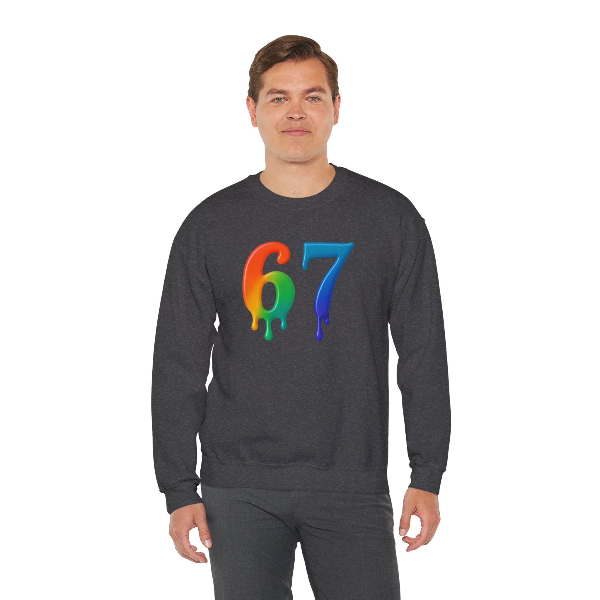 Colorful Drip 67 Sweatshirt, Cozy Unisex Crewneck, Gift for Friends, Rainbow Sweatshirt, Casual Everyday Wear, Birthday Apparel