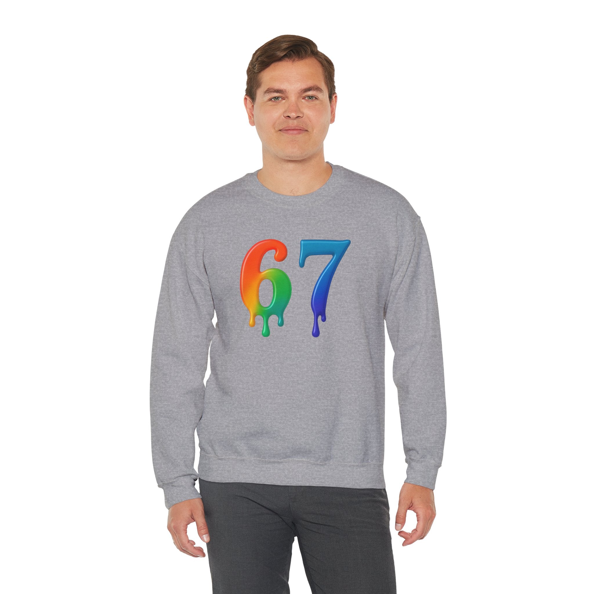 Colorful Drip 67 Sweatshirt, Cozy Unisex Crewneck, Gift for Friends, Rainbow Sweatshirt, Casual Everyday Wear, Birthday Apparel