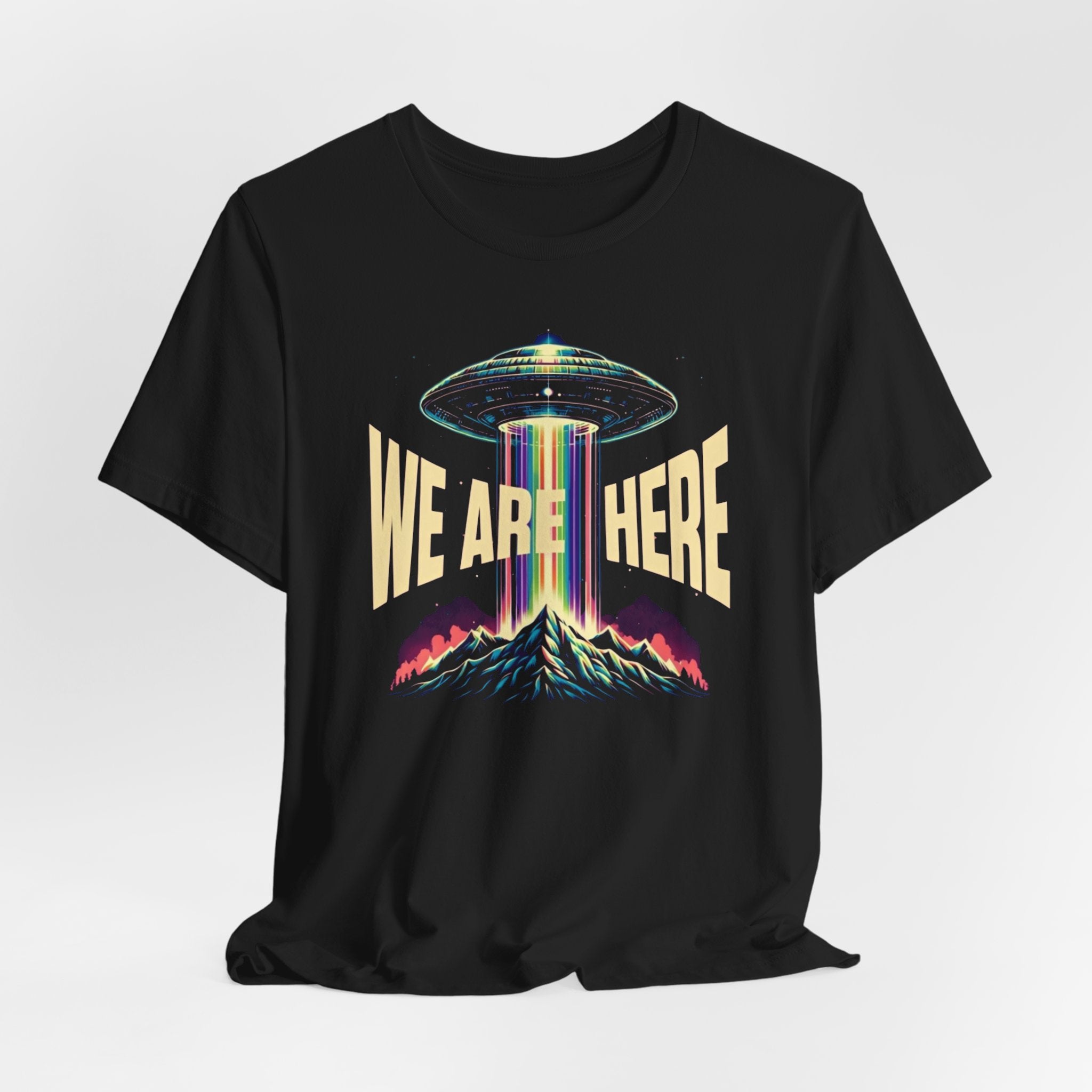 We Are Here UFO T‑Shirt — Retro Alien Abduction Graphic Tee