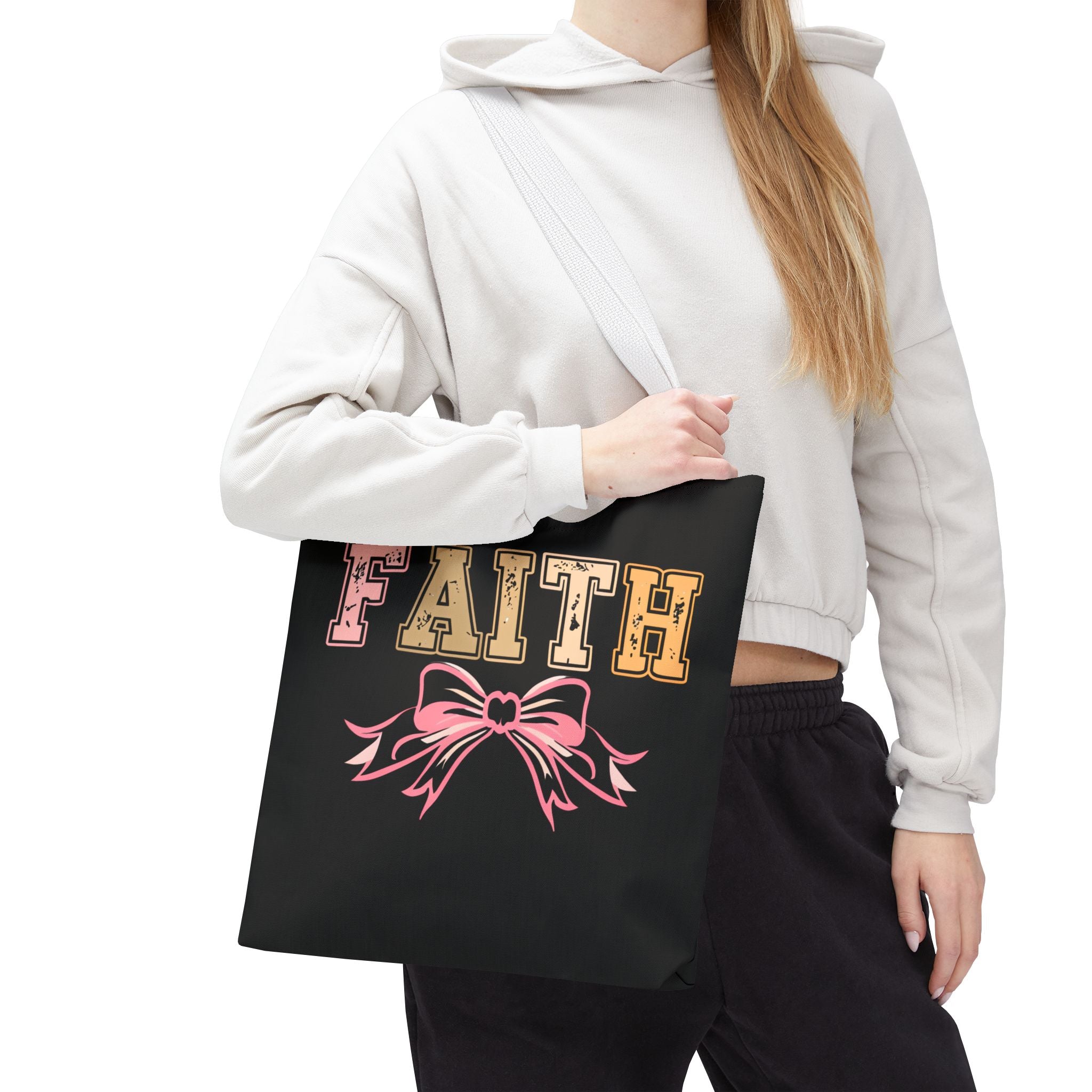 Faith Tote Bag with Bow Design, Inspirational Gift for Her, Everyday Shopping Bag, Faith-Based Gift, Religious Tote, Faith Quote Bag