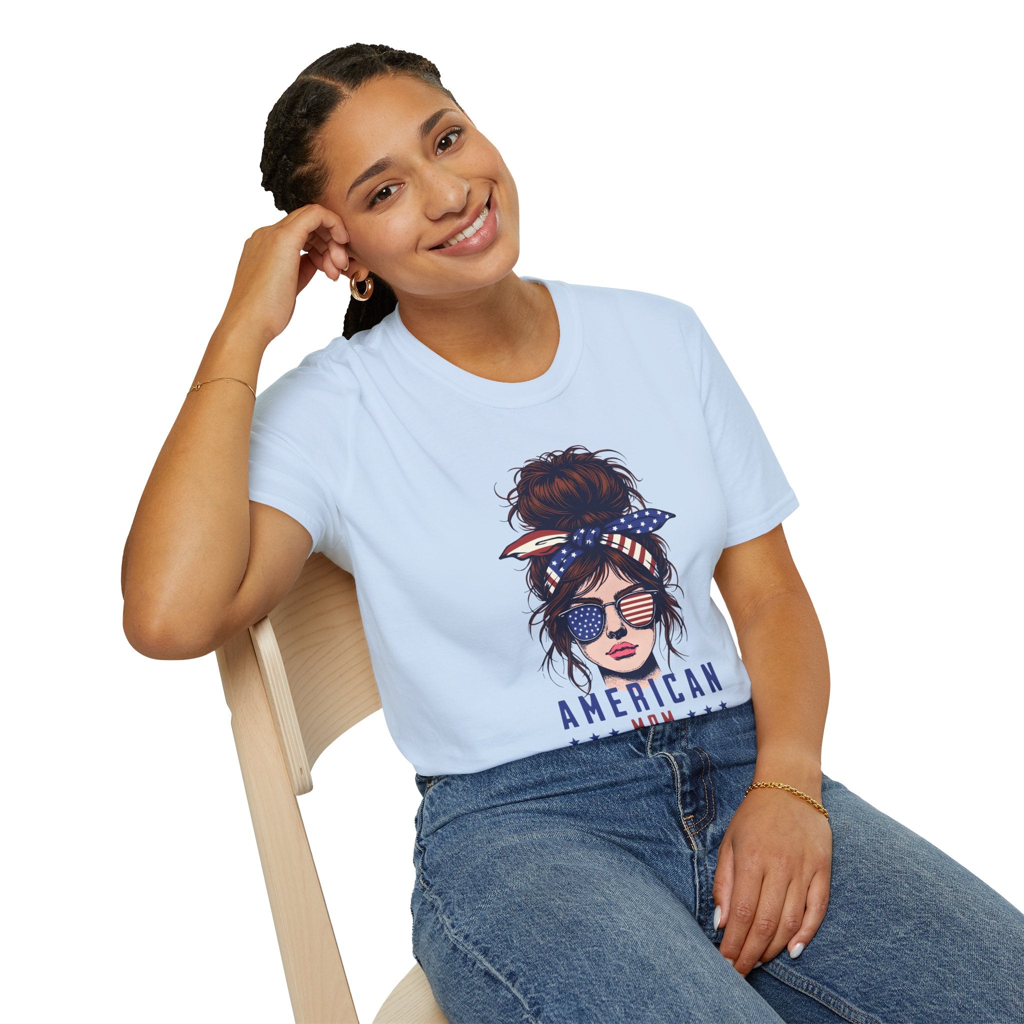 American Mom T-Shirt — Patriotic Messy Bun Sunglasses Tee