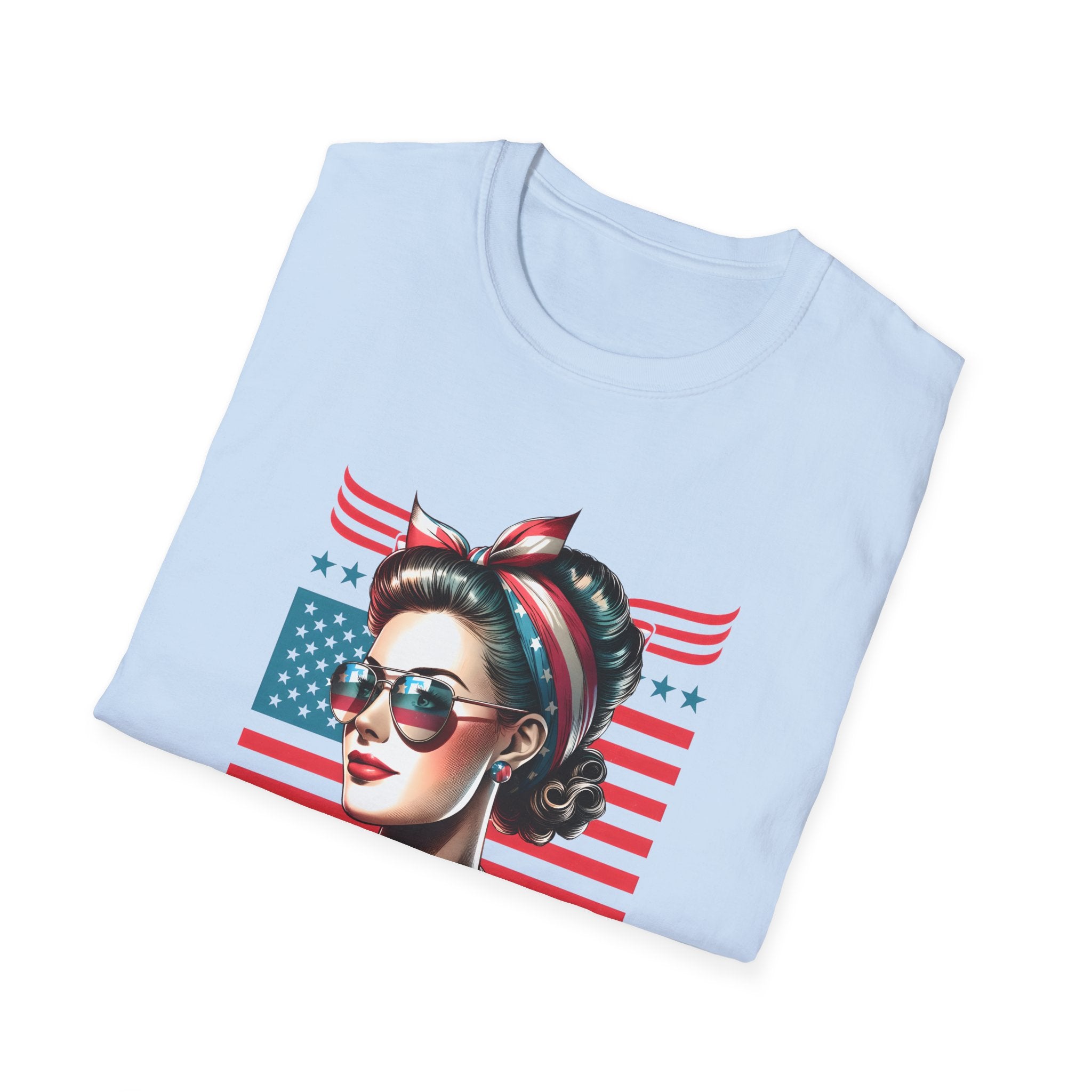 American Mom T-Shirt — Patriotic Retro Rosie Women’s Tee (Stars & Stripes)