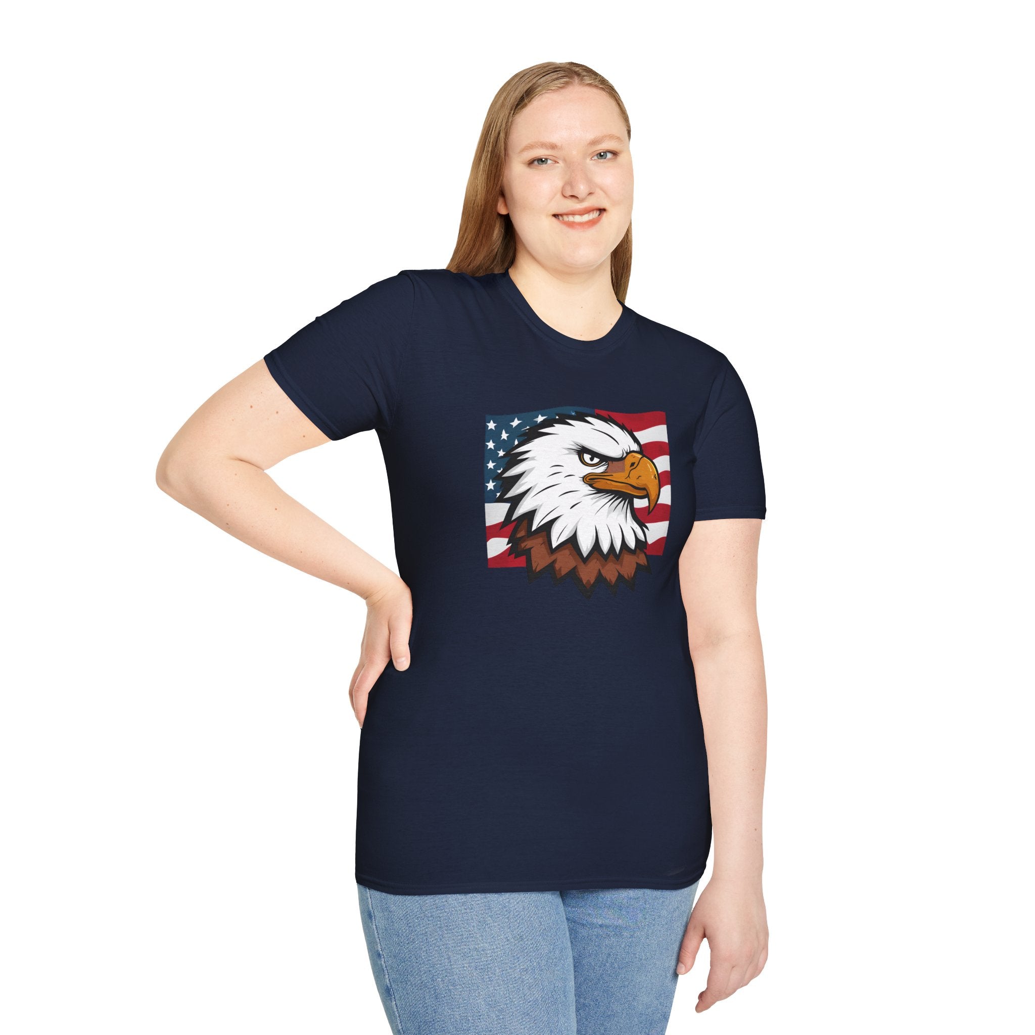 Patriotic Eagle Graphic T-Shirt, Unisex Softstyle Tee for Independence Day, Casual Wear, Gift for Veterans, American Pride Clothing