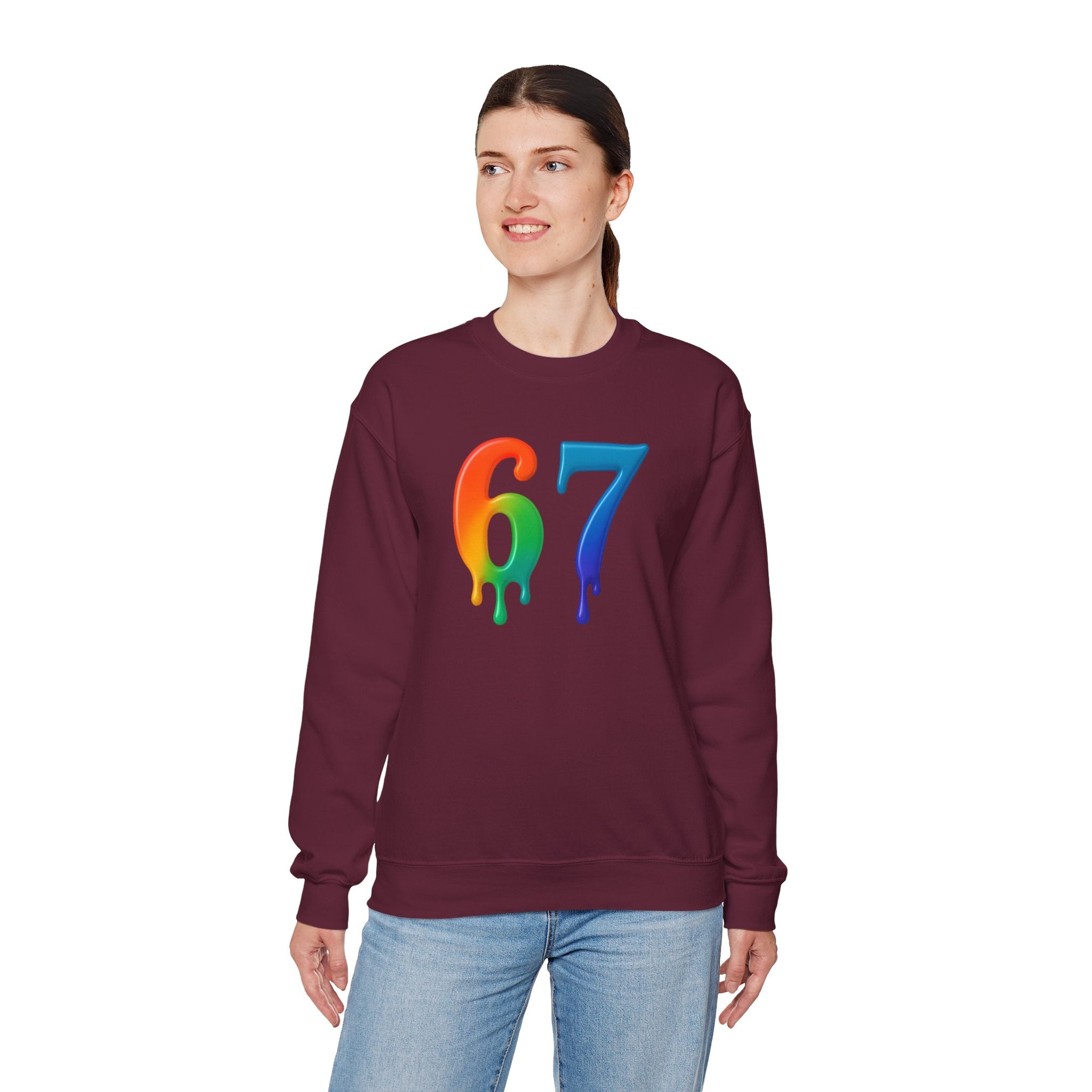 Colorful Drip 67 Sweatshirt, Cozy Unisex Crewneck, Gift for Friends, Rainbow Sweatshirt, Casual Everyday Wear, Birthday Apparel