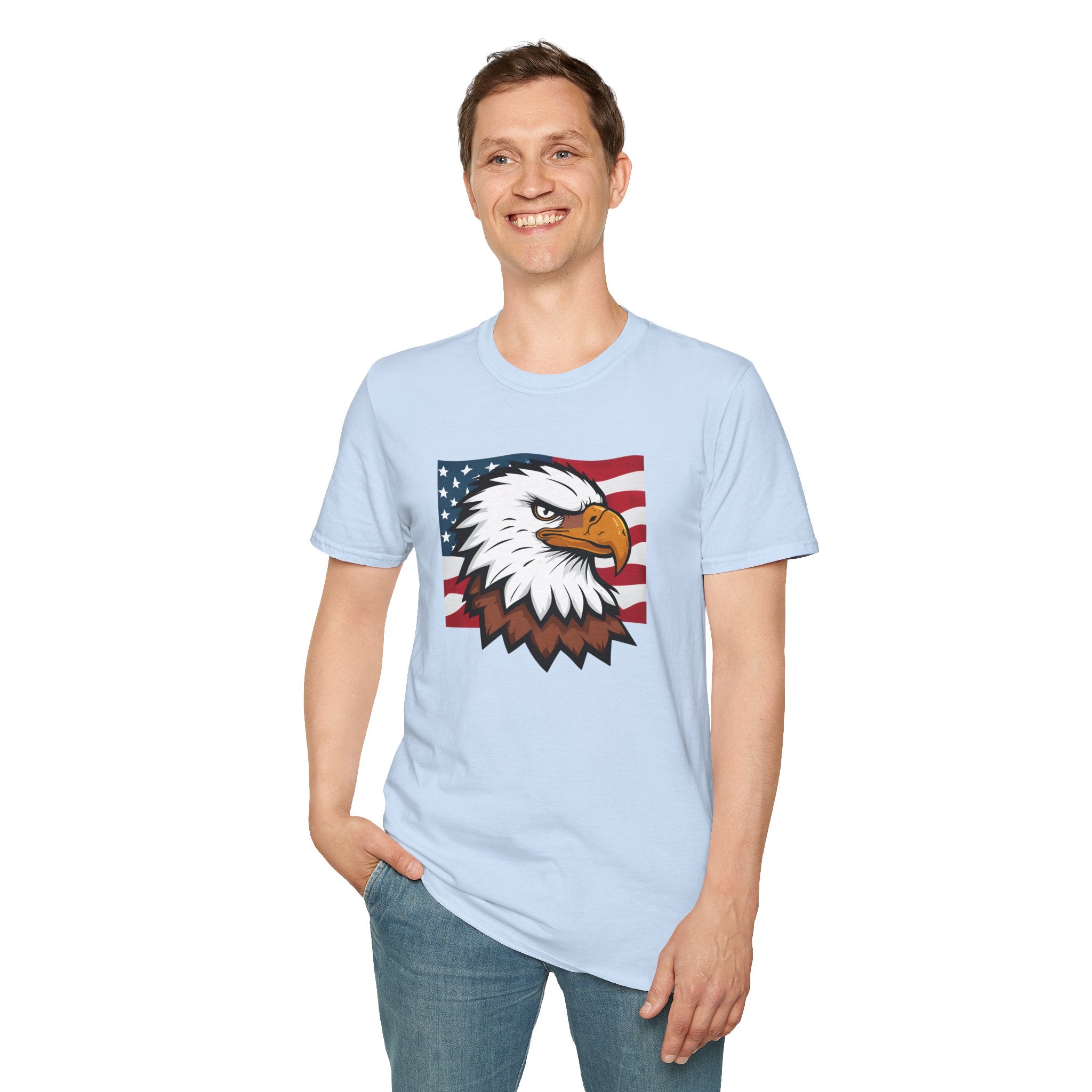Patriotic Eagle Graphic T-Shirt, Unisex Softstyle Tee for Independence Day, Casual Wear, Gift for Veterans, American Pride Clothing
