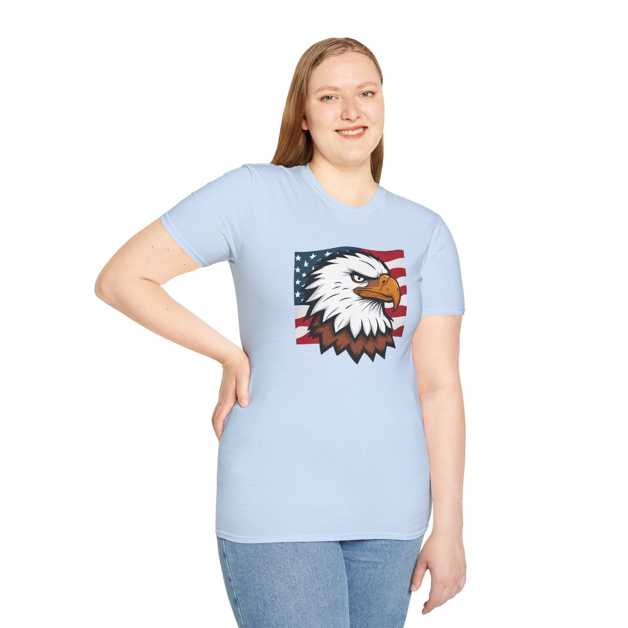 Patriotic Eagle Graphic T-Shirt, Unisex Softstyle Tee for Independence Day, Casual Wear, Gift for Veterans, American Pride Clothing