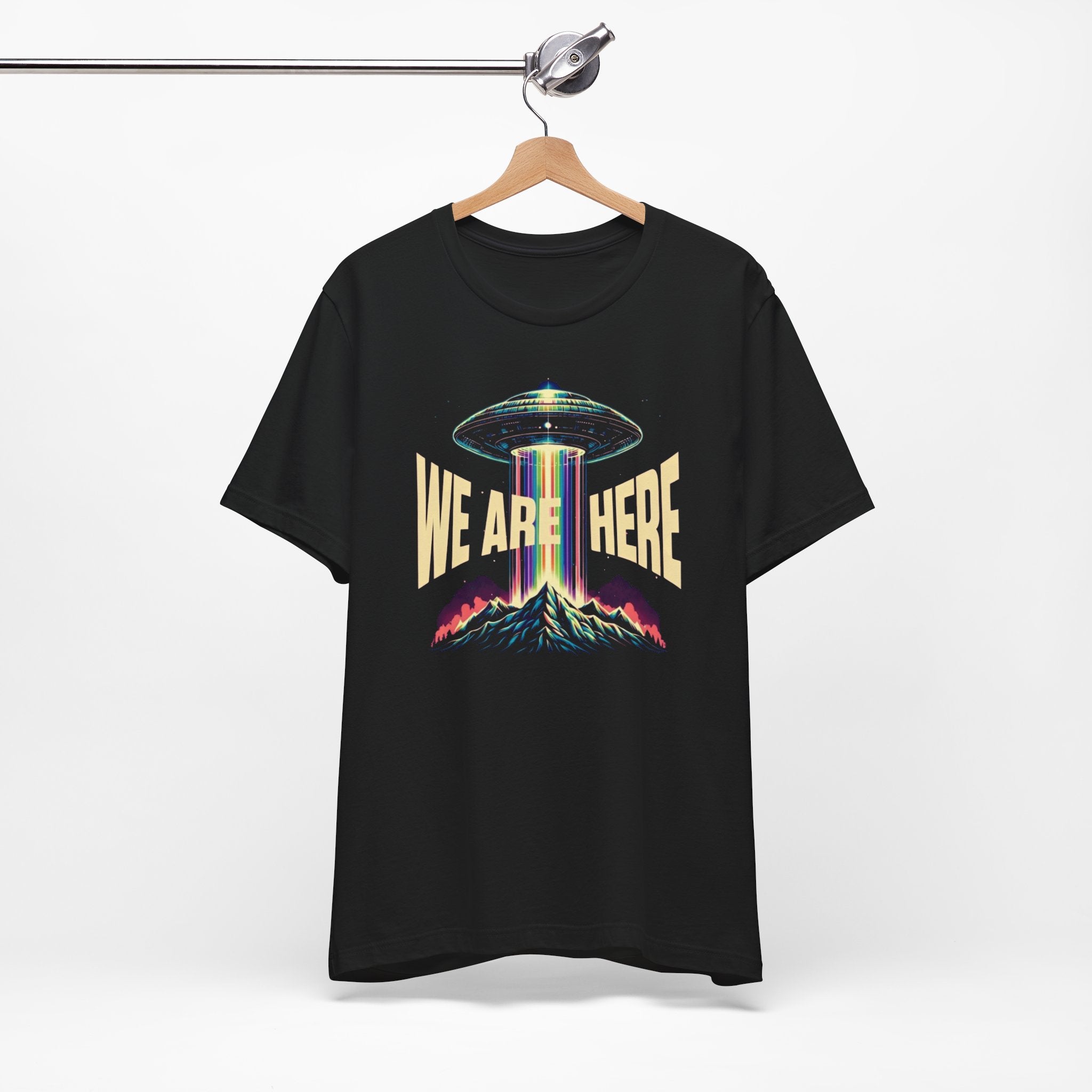 We Are Here UFO T‑Shirt — Retro Alien Abduction Graphic Tee