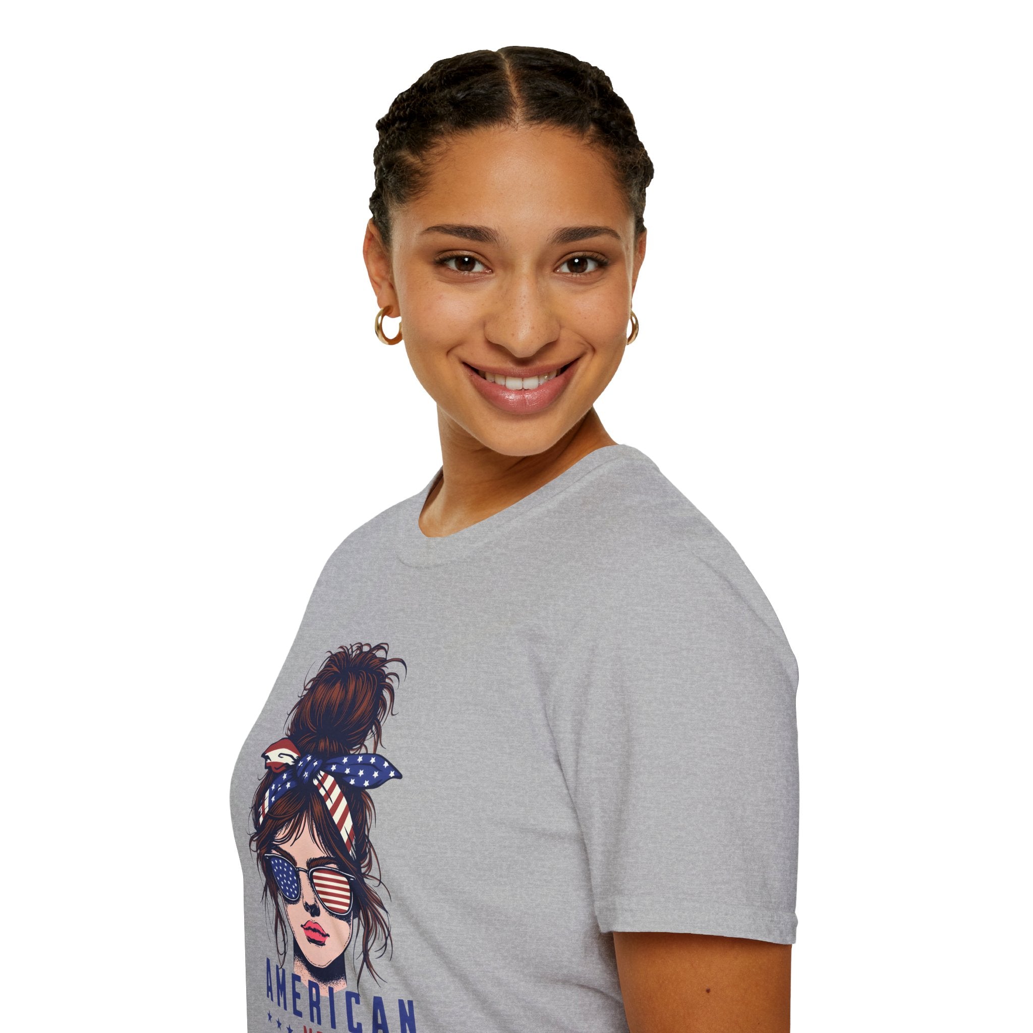 American Mom T-Shirt — Patriotic Messy Bun Sunglasses Tee