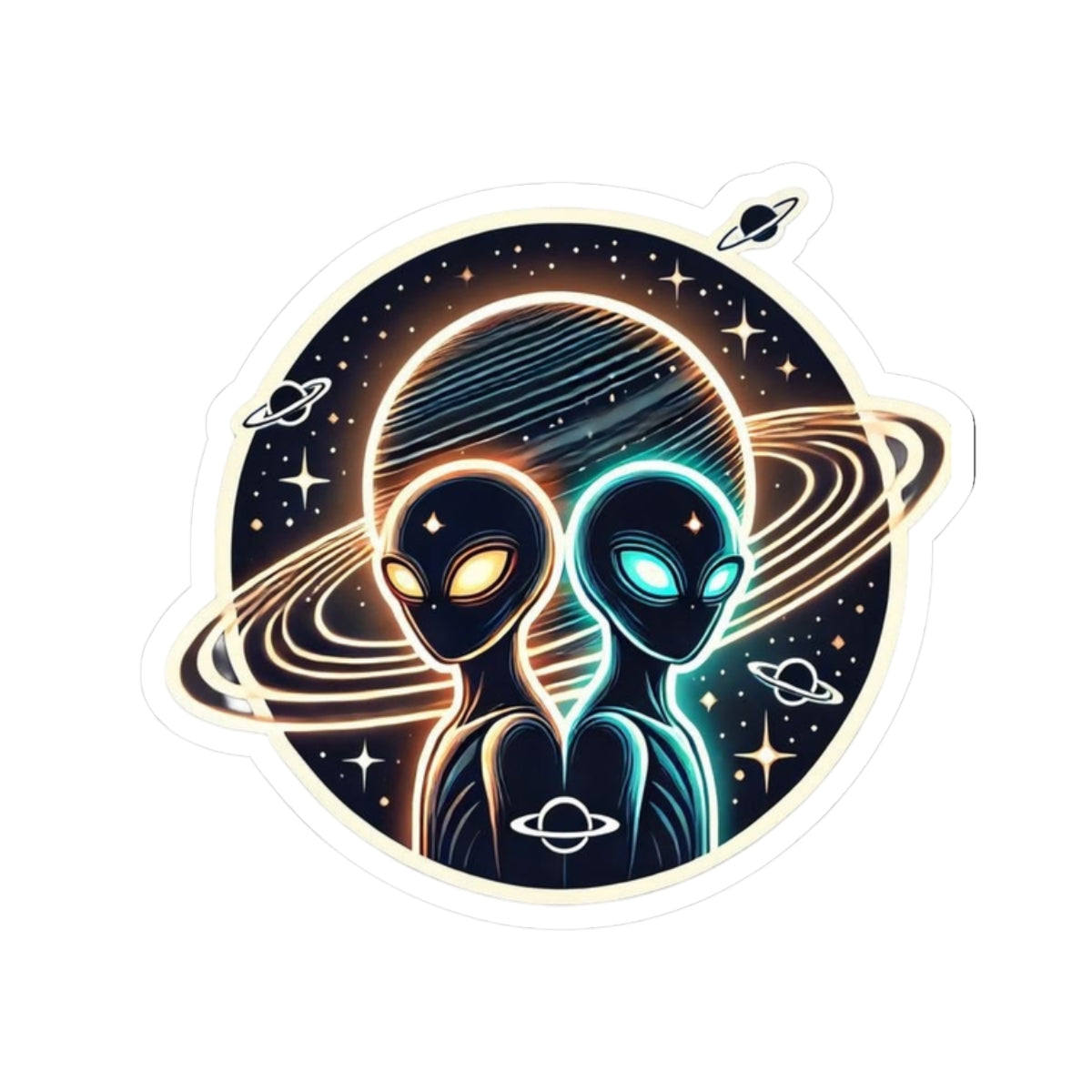 Alien Twins Planet Sticker — Neon Space Kiss-Cut Decal for Laptops & Water Bottles