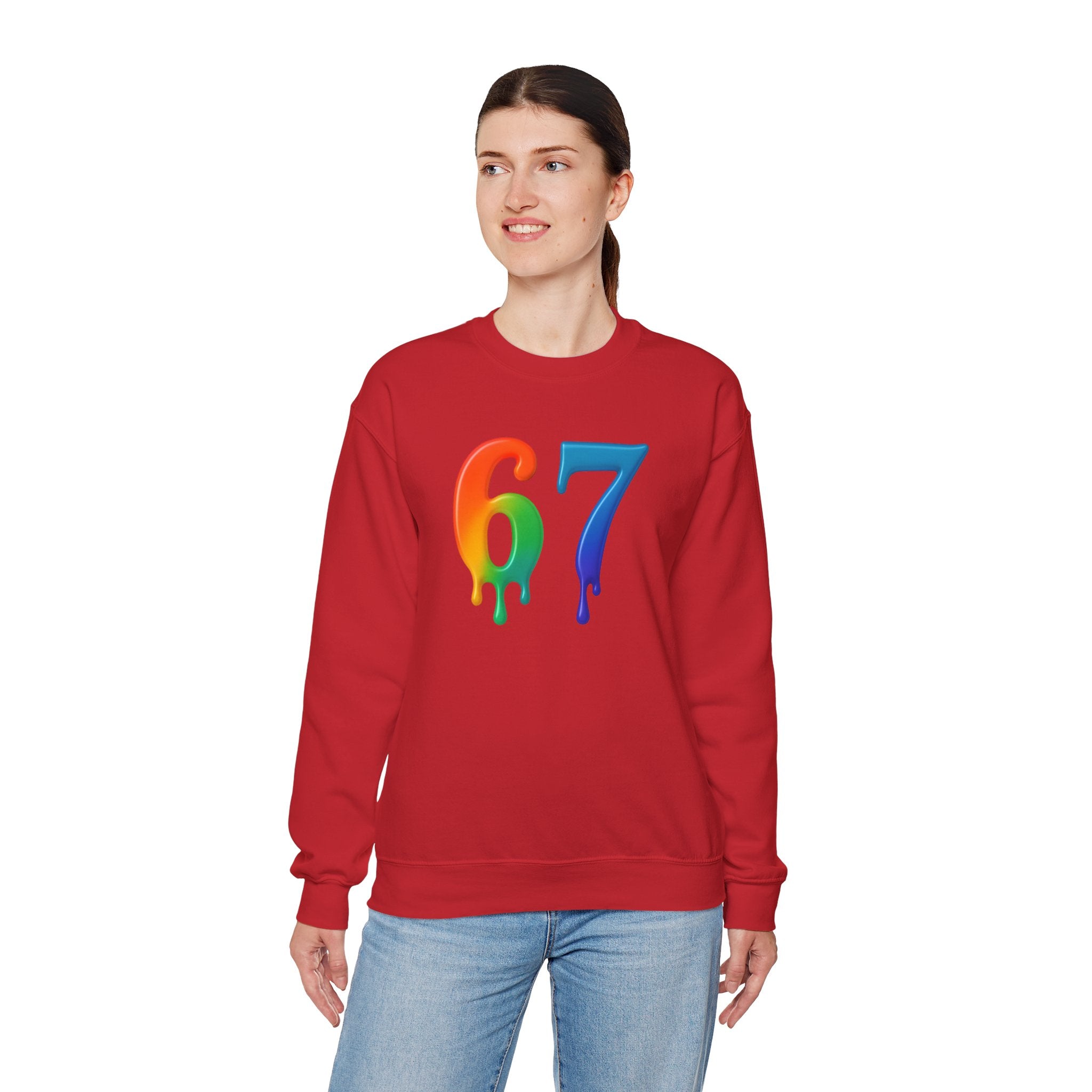 Colorful Drip 67 Sweatshirt, Cozy Unisex Crewneck, Gift for Friends, Rainbow Sweatshirt, Casual Everyday Wear, Birthday Apparel